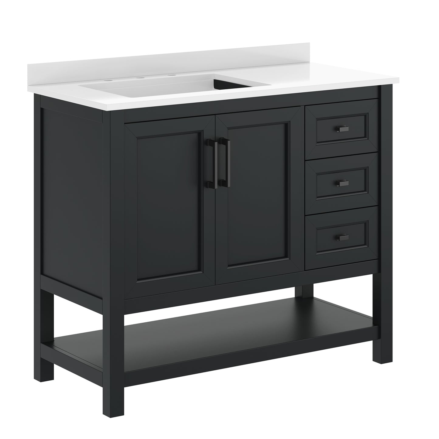 Vega 42" Bathroom Vanity with Sink, Cabinet with Black Hardware, Soft Close Doors, Open Shelf & 3 Drawers, Carrara Marble Finish Counter, Black/White Black Frame/Black Hardware