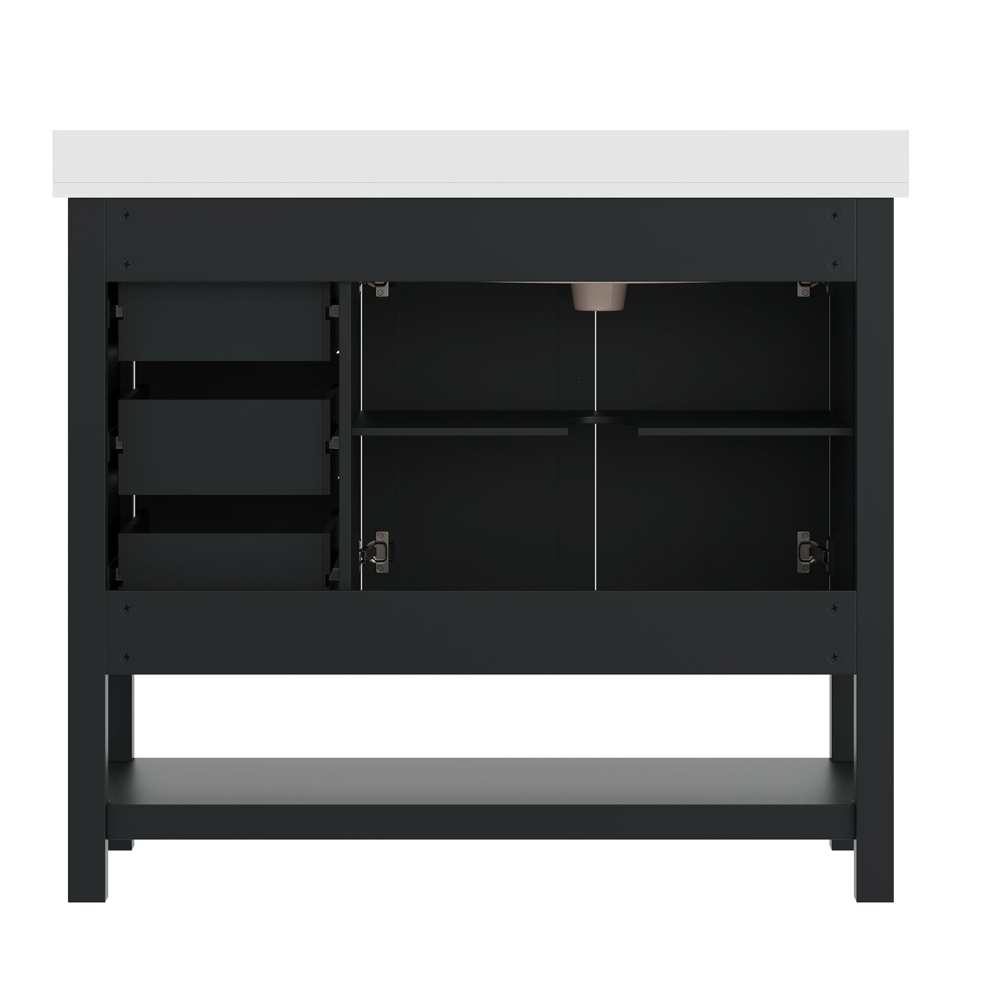 Vega 42" Bathroom Vanity with Sink, Cabinet with Black Hardware, Soft Close Doors, Open Shelf & 3 Drawers, Carrara Marble Finish Counter, Black/White Black Frame/Black Hardware