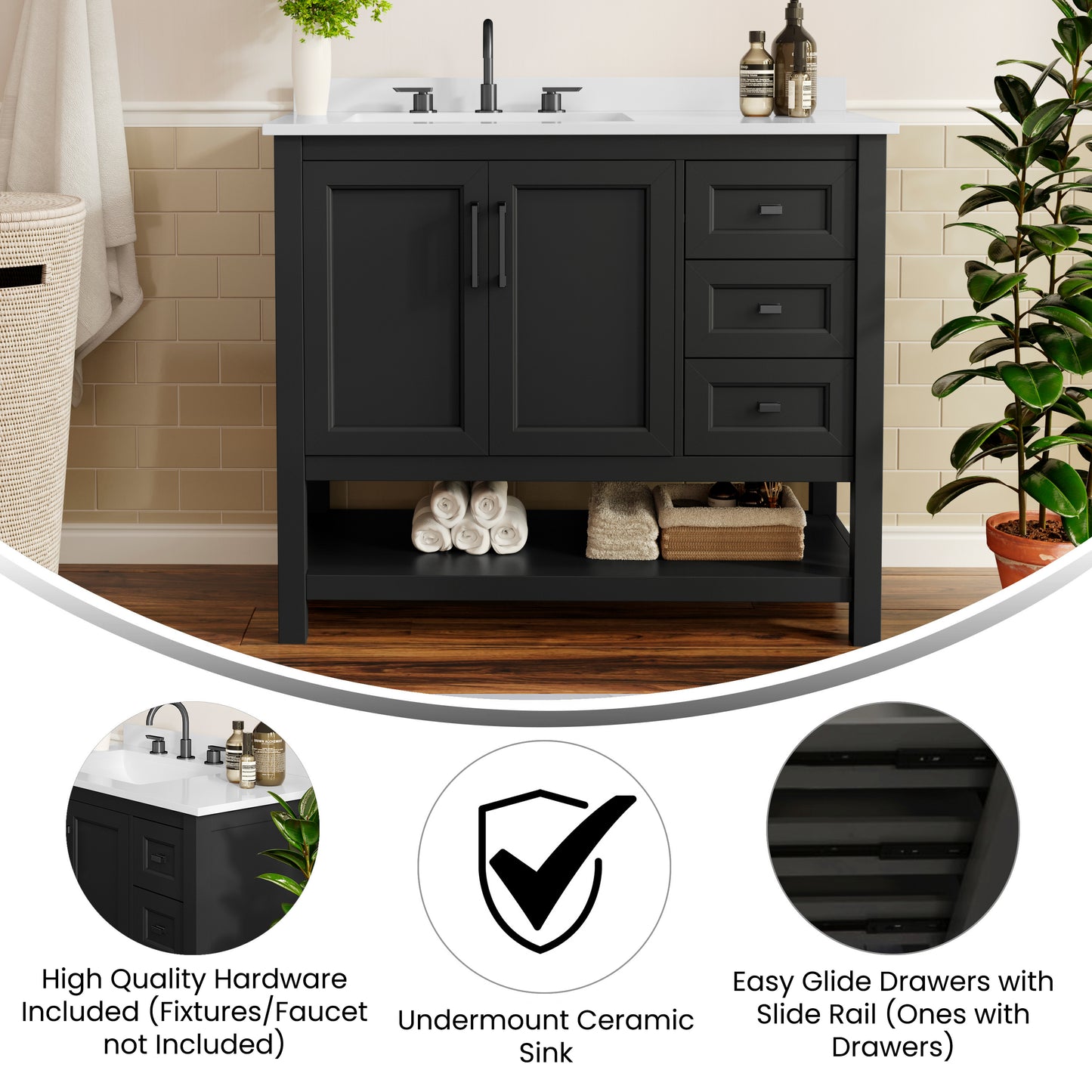 Vega 42" Bathroom Vanity with Sink, Cabinet with Black Hardware, Soft Close Doors, Open Shelf & 3 Drawers, Carrara Marble Finish Counter, Black/White Black Frame/Black Hardware