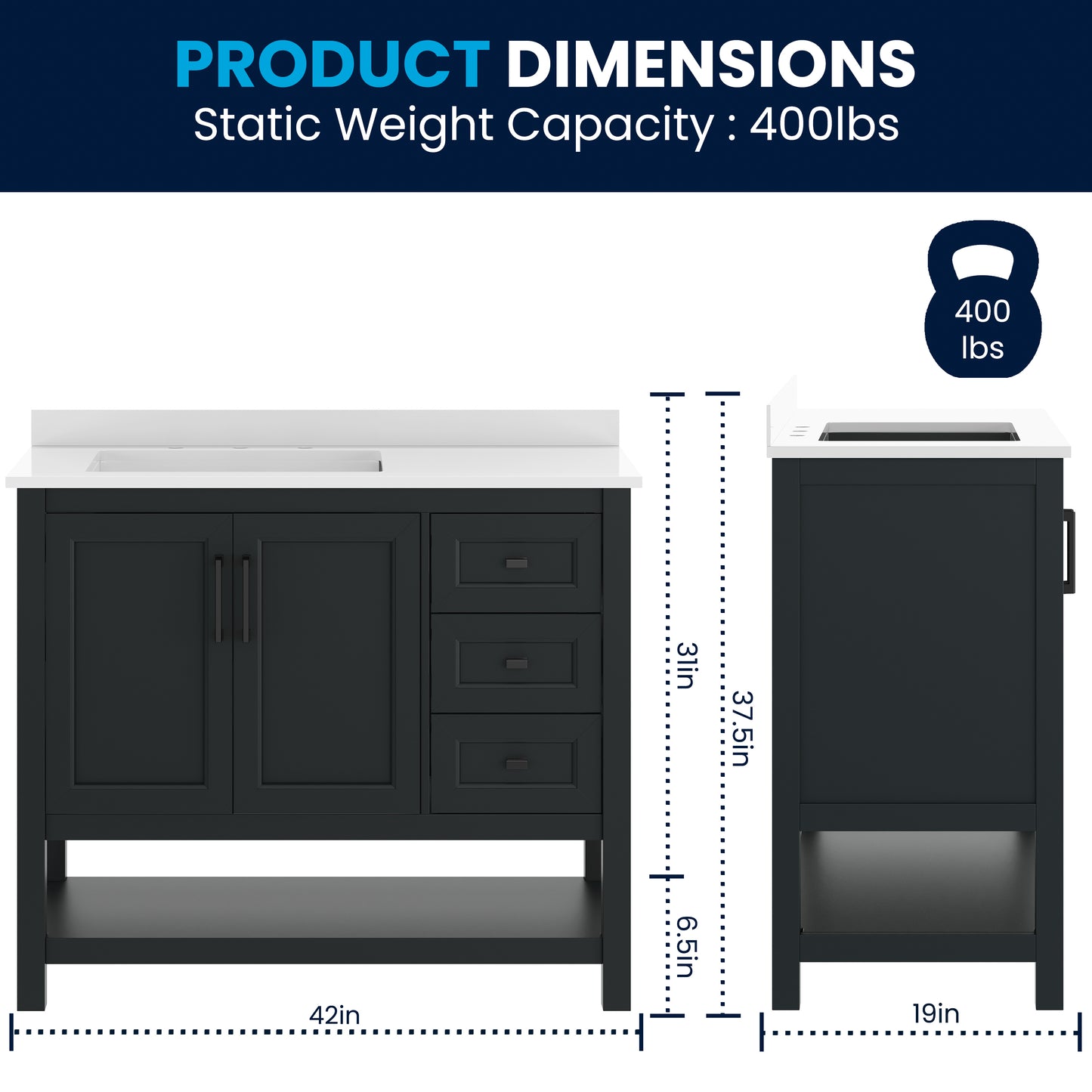 Vega 42" Bathroom Vanity with Sink, Cabinet with Black Hardware, Soft Close Doors, Open Shelf & 3 Drawers, Carrara Marble Finish Counter, Black/White Black Frame/Black Hardware