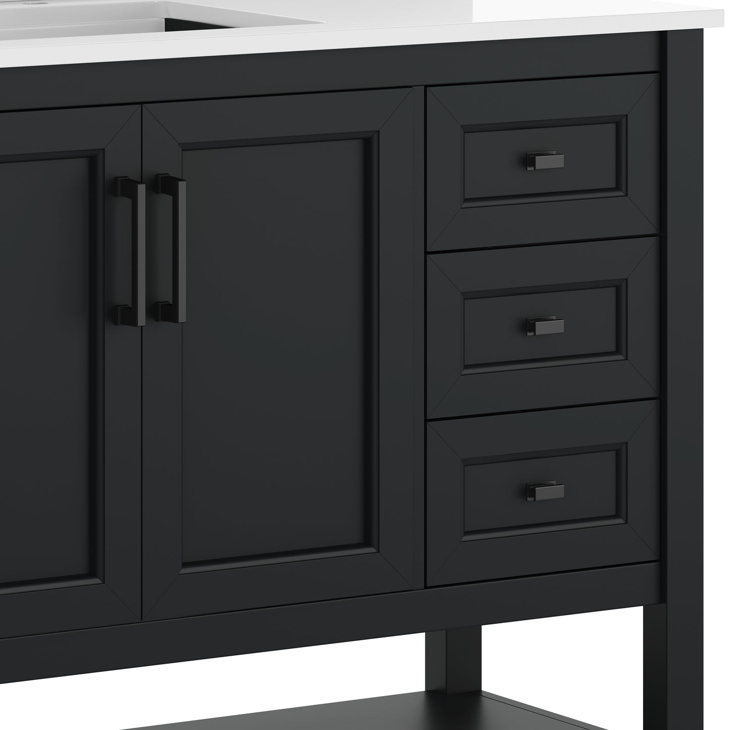 Vega 42" Bathroom Vanity with Sink, Cabinet with Black Hardware, Soft Close Doors, Open Shelf & 3 Drawers, Carrara Marble Finish Counter, Black/White Black Frame/Black Hardware