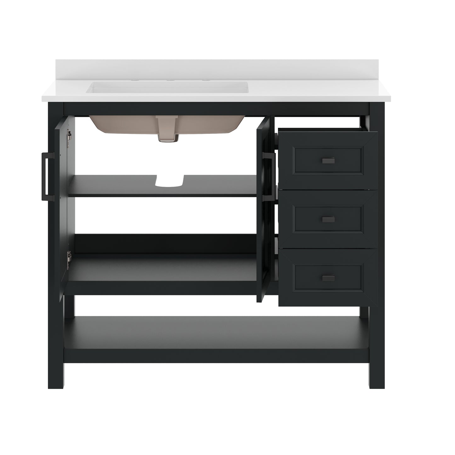 Vega 42" Bathroom Vanity with Sink, Cabinet with Black Hardware, Soft Close Doors, Open Shelf & 3 Drawers, Carrara Marble Finish Counter, Black/White Black Frame/Black Hardware