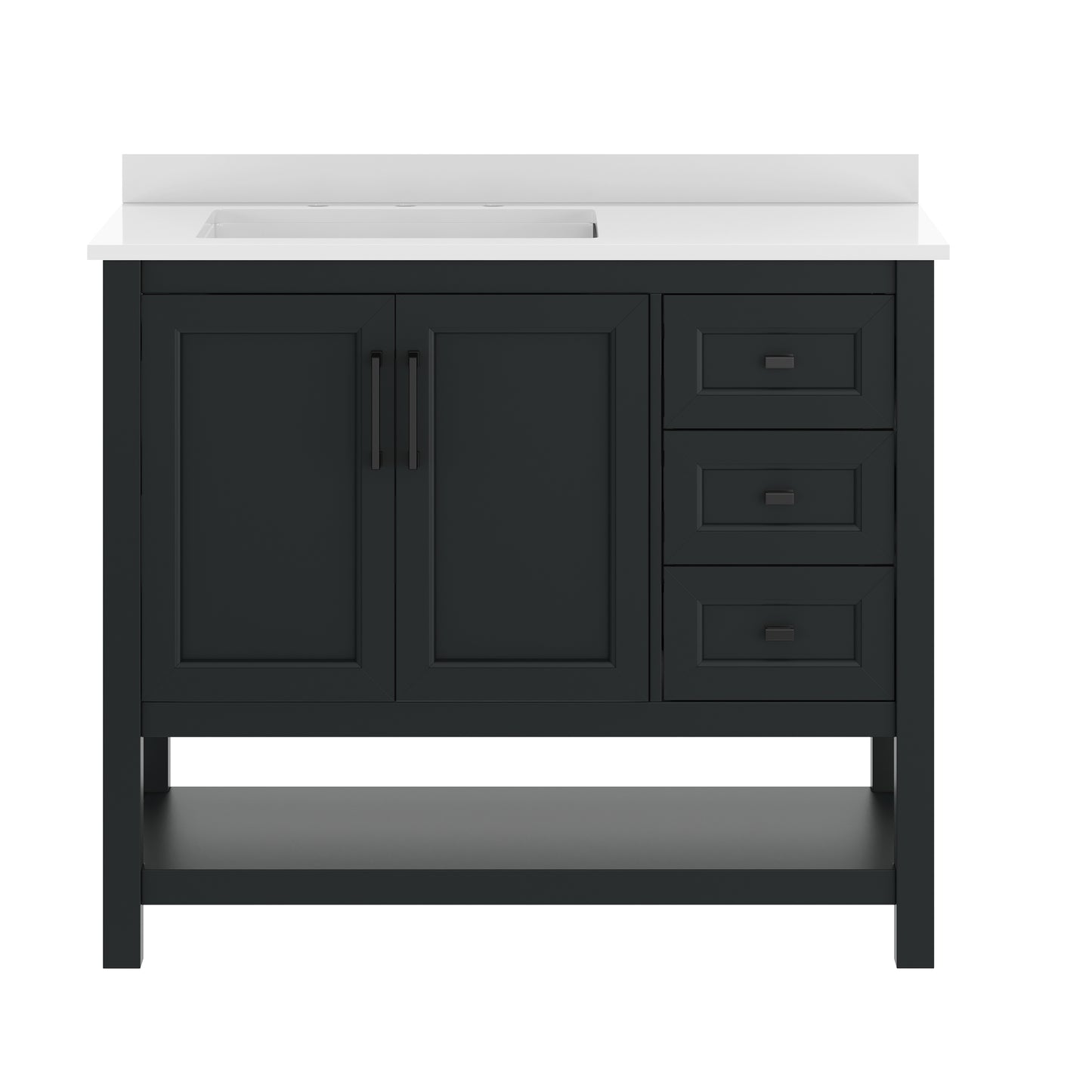 Vega 42" Bathroom Vanity with Sink, Cabinet with Black Hardware, Soft Close Doors, Open Shelf & 3 Drawers, Carrara Marble Finish Counter, Black/White Black Frame/Black Hardware