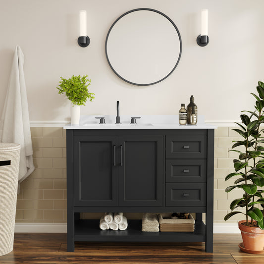 Vega 42" Bathroom Vanity with Sink, Cabinet with Black Hardware, Soft Close Doors, Open Shelf & 3 Drawers, Carrara Marble Finish Counter, Black/White Black Frame/Black Hardware FS-VEGA42-BK-HDBLK-GG