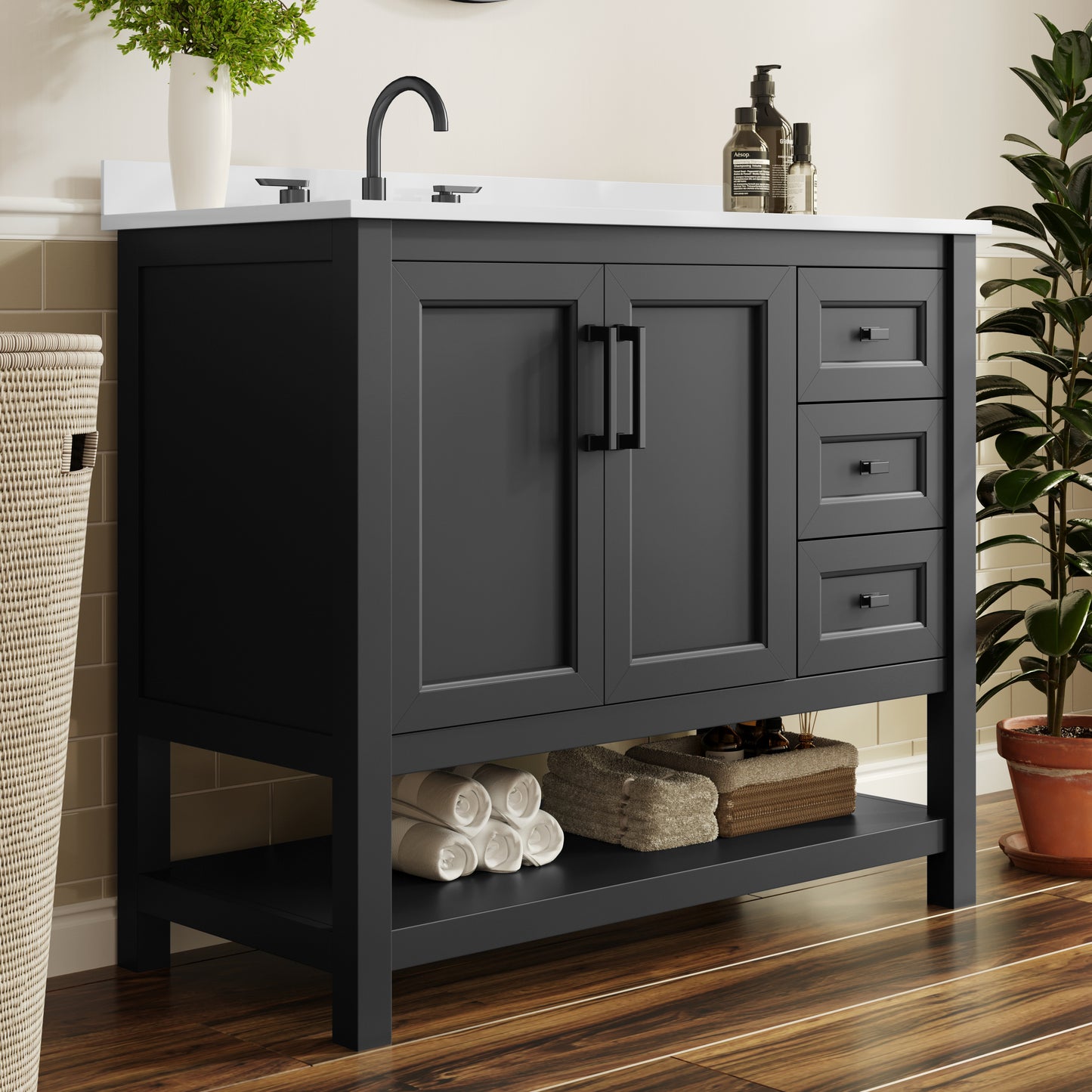 Vega 42" Bathroom Vanity with Sink, Cabinet with Black Hardware, Soft Close Doors, Open Shelf & 3 Drawers, Carrara Marble Finish Counter, Black/White Black Frame/Black Hardware