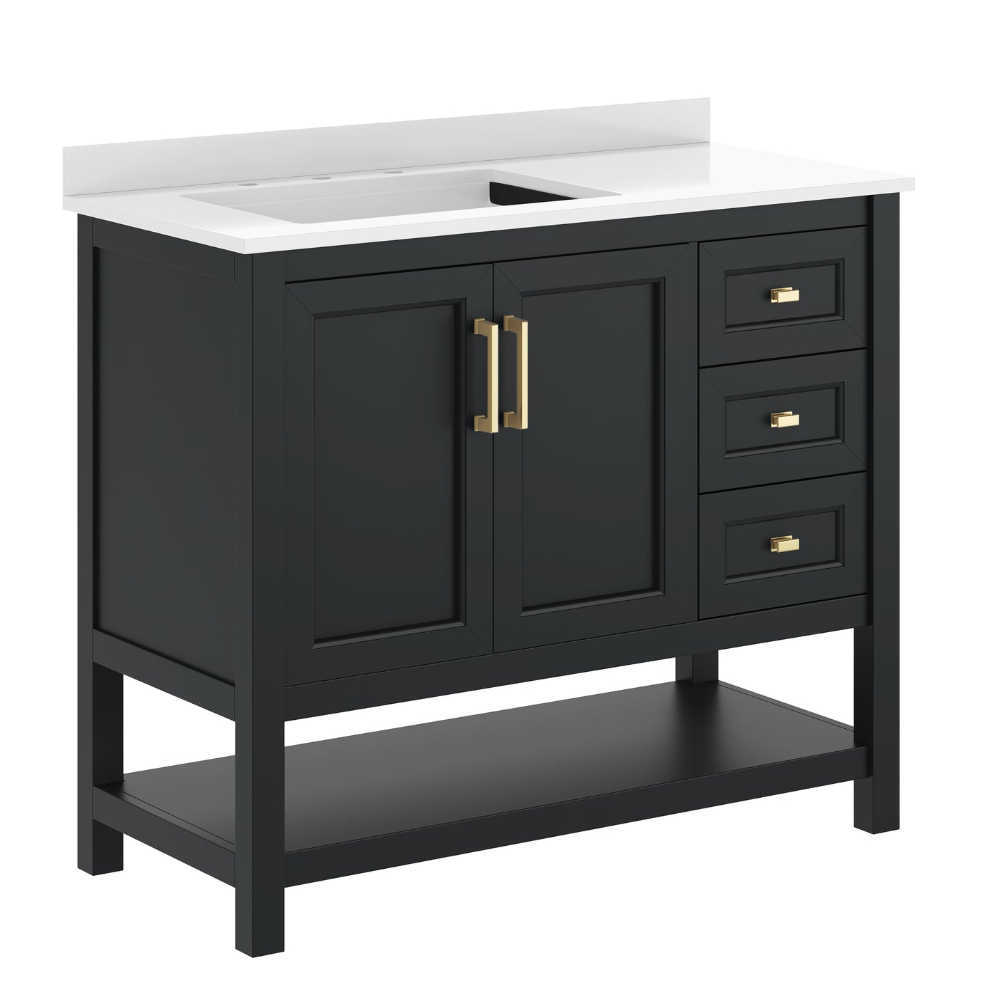 Vega 42" Bathroom Vanity with Sink, Cabinet with Gold Hardware, Soft Close Doors, Open Shelf & 3 Drawers, Carrara Marble Finish Counter, Black/White Black Frame/Gold Hardware
