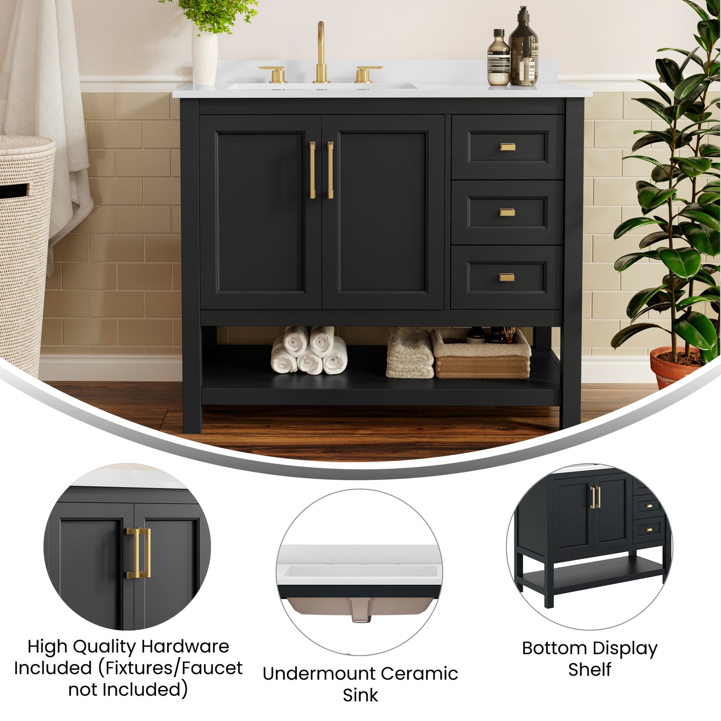 Vega 42" Bathroom Vanity with Sink, Cabinet with Gold Hardware, Soft Close Doors, Open Shelf & 3 Drawers, Carrara Marble Finish Counter, Black/White Black Frame/Gold Hardware