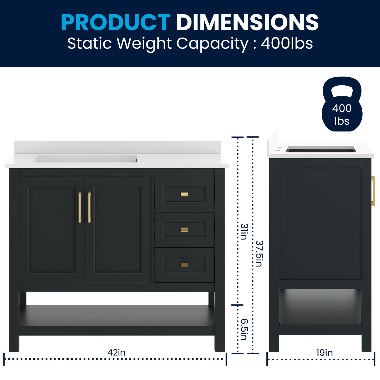 Vega 42" Bathroom Vanity with Sink, Cabinet with Gold Hardware, Soft Close Doors, Open Shelf & 3 Drawers, Carrara Marble Finish Counter, Black/White Black Frame/Gold Hardware