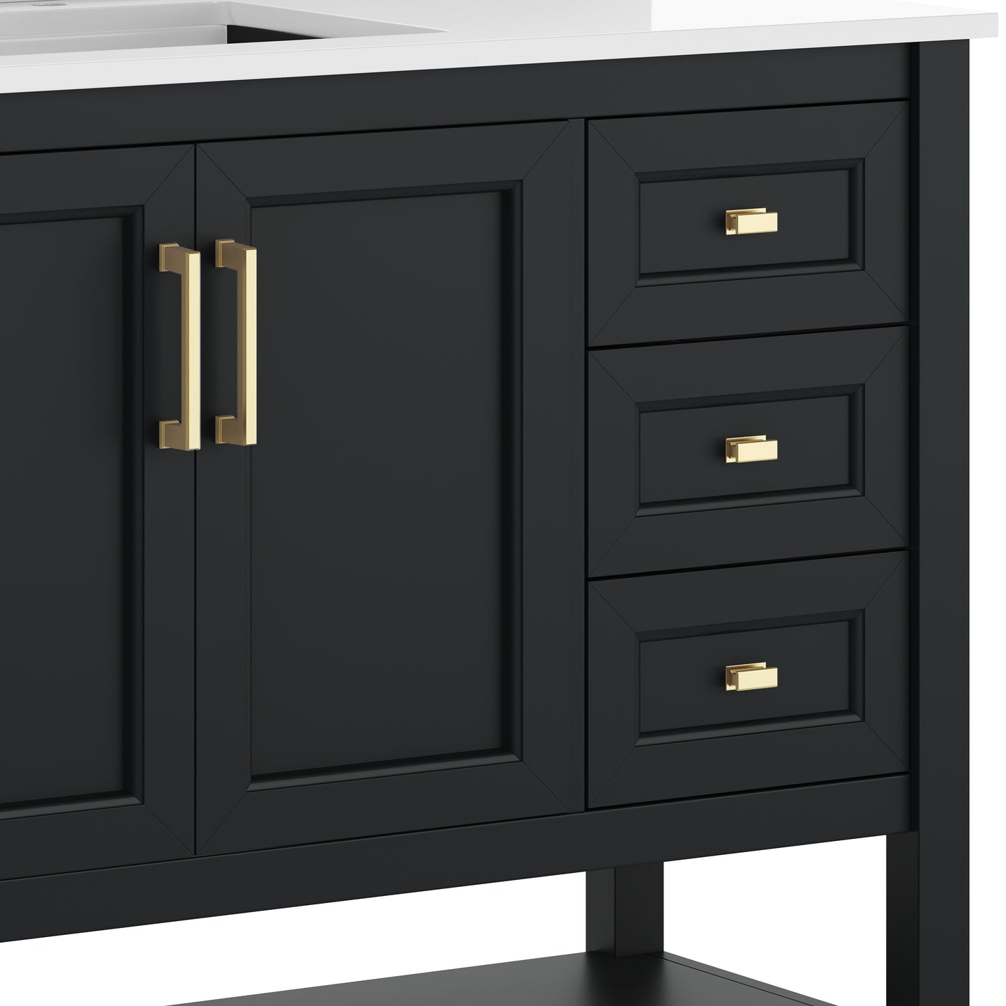 Vega 42" Bathroom Vanity with Sink, Cabinet with Gold Hardware, Soft Close Doors, Open Shelf & 3 Drawers, Carrara Marble Finish Counter, Black/White Black Frame/Gold Hardware