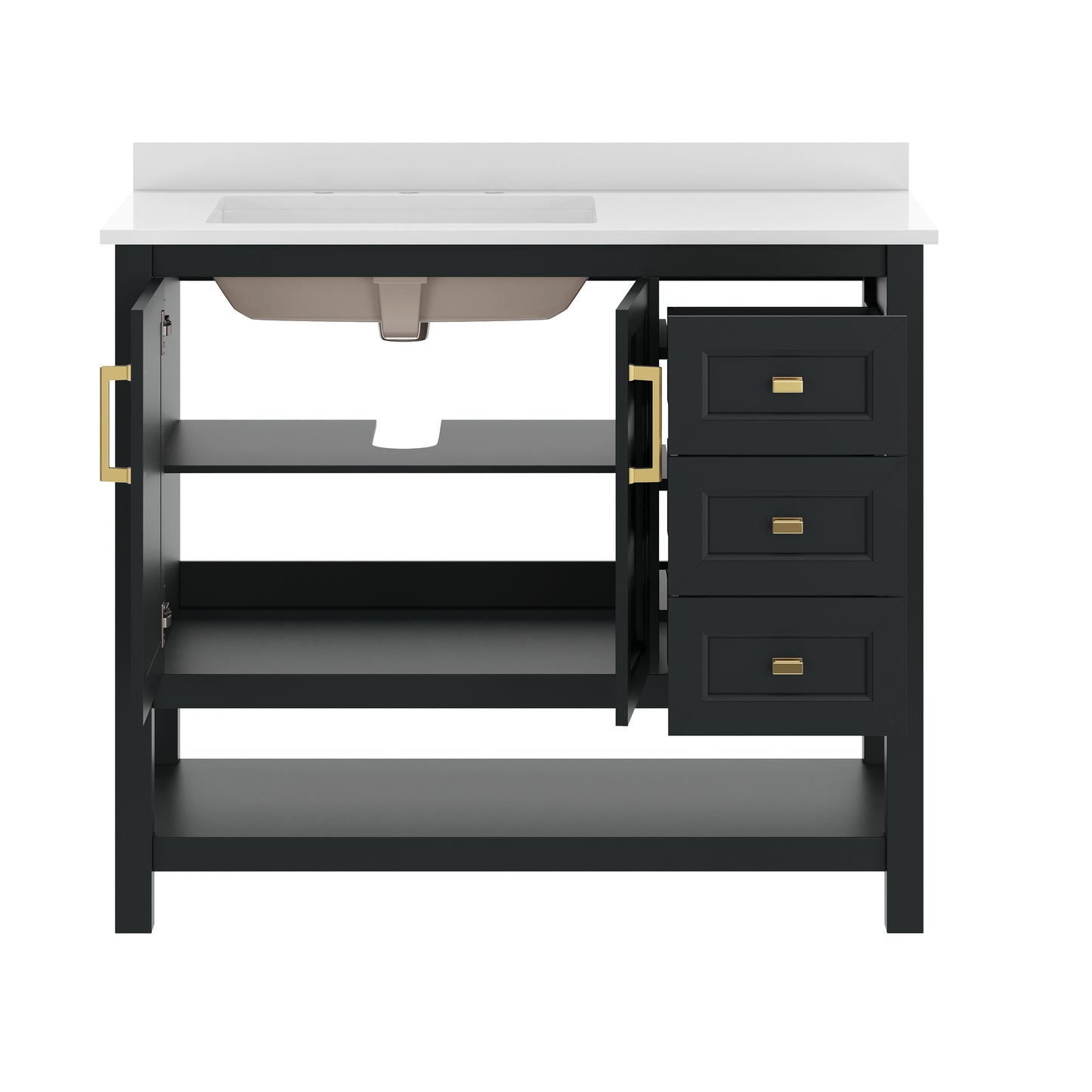 Vega 42" Bathroom Vanity with Sink, Cabinet with Gold Hardware, Soft Close Doors, Open Shelf & 3 Drawers, Carrara Marble Finish Counter, Black/White Black Frame/Gold Hardware