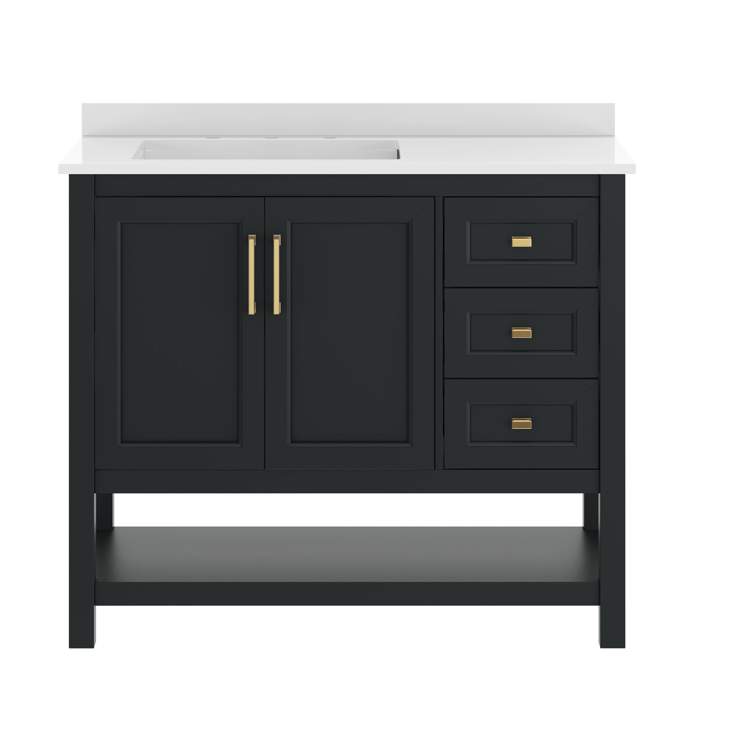 Vega 42" Bathroom Vanity with Sink, Cabinet with Gold Hardware, Soft Close Doors, Open Shelf & 3 Drawers, Carrara Marble Finish Counter, Black/White Black Frame/Gold Hardware