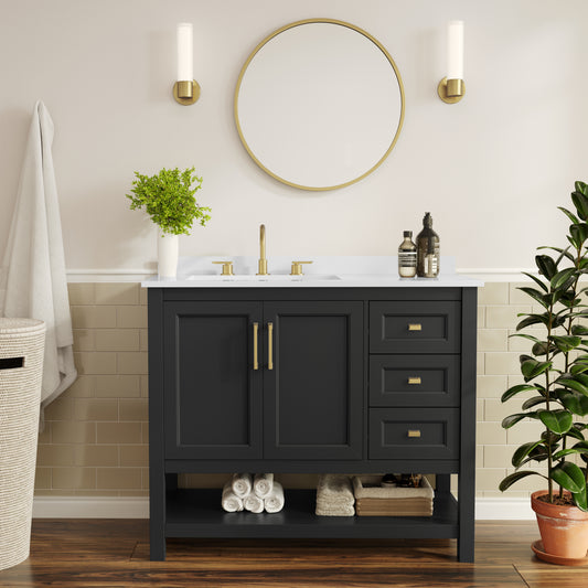 Vega 42" Bathroom Vanity with Sink, Cabinet with Gold Hardware, Soft Close Doors, Open Shelf & 3 Drawers, Carrara Marble Finish Counter, Black/White Black Frame/Gold Hardware FS-VEGA42-BK-HDGLD-GG