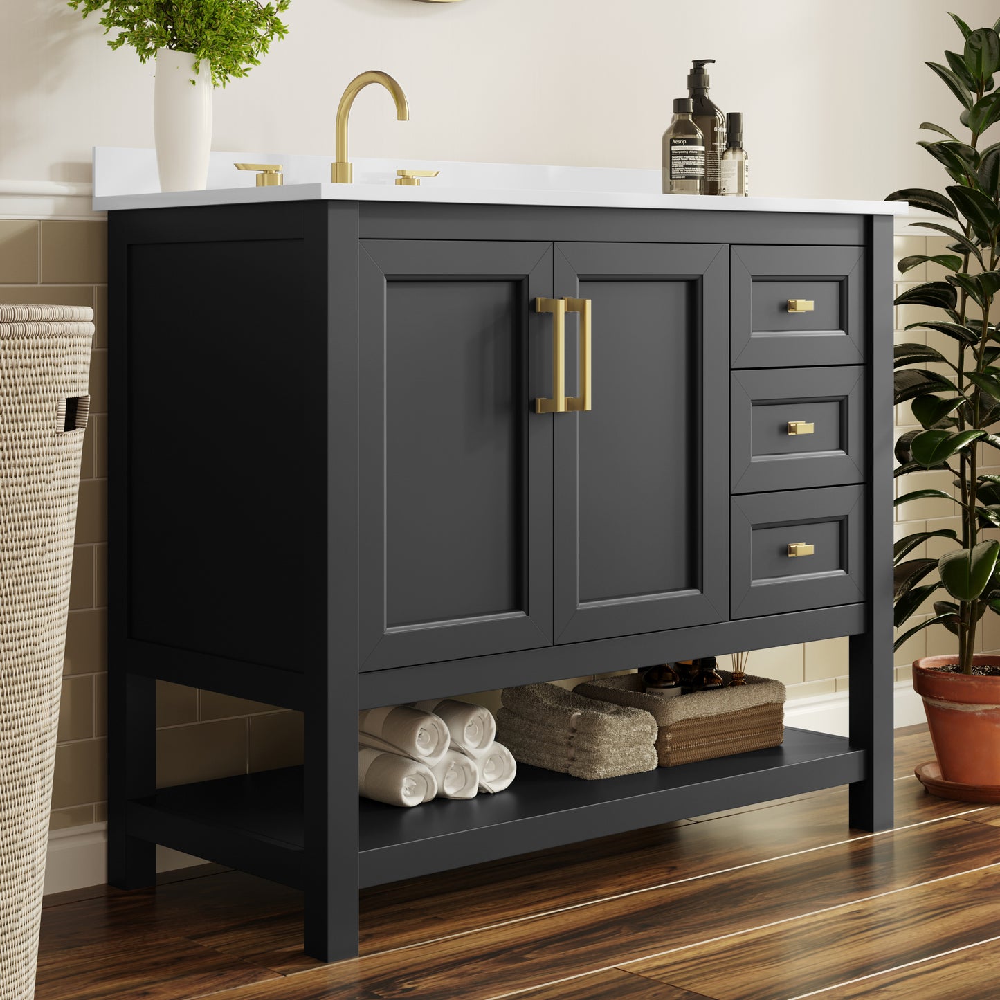 Vega 42" Bathroom Vanity with Sink, Cabinet with Gold Hardware, Soft Close Doors, Open Shelf & 3 Drawers, Carrara Marble Finish Counter, Black/White Black Frame/Gold Hardware