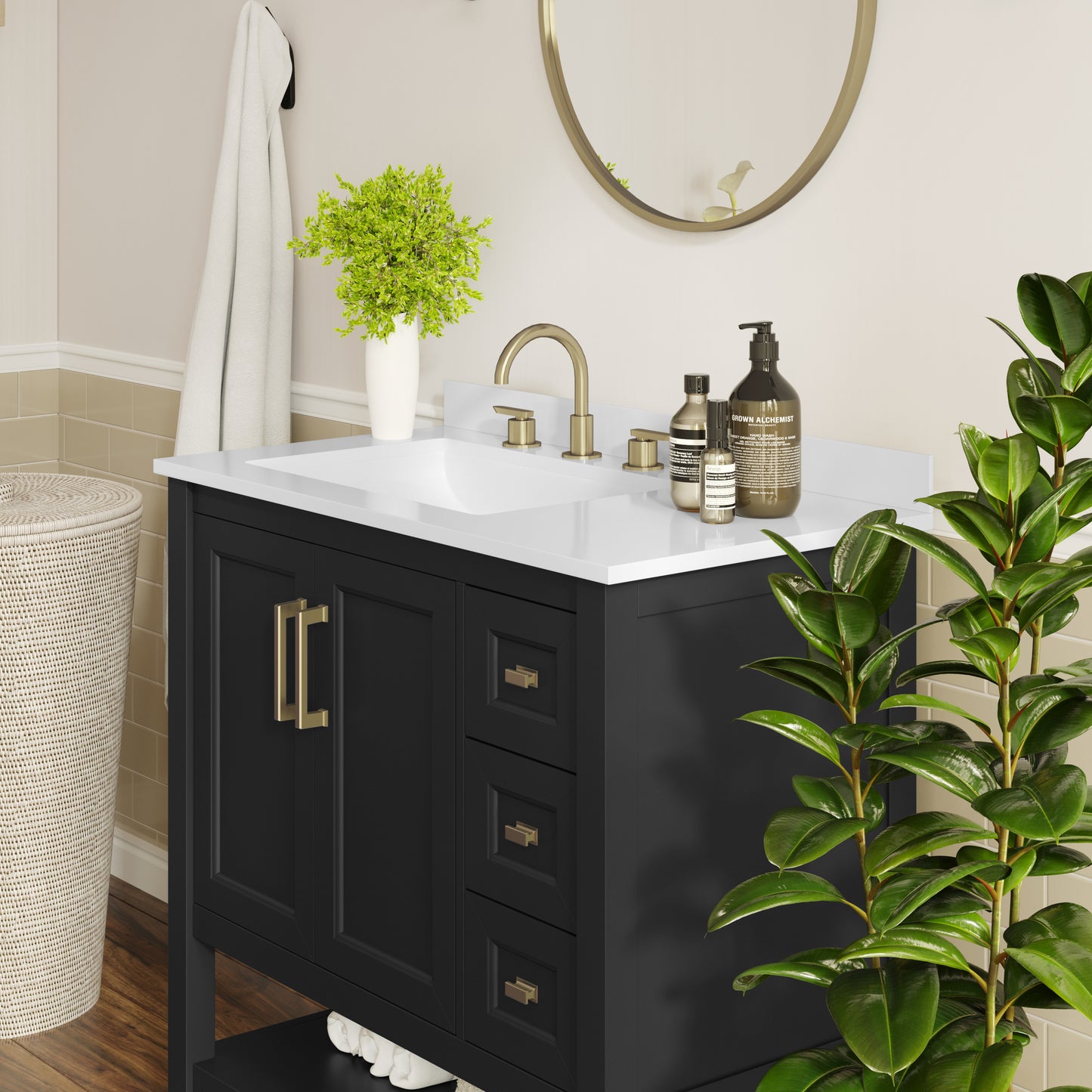Vega 42" Bathroom Vanity with Sink, Cabinet with Gold Hardware, Soft Close Doors, Open Shelf & 3 Drawers, Carrara Marble Finish Counter, Black/White Black Frame/Gold Hardware