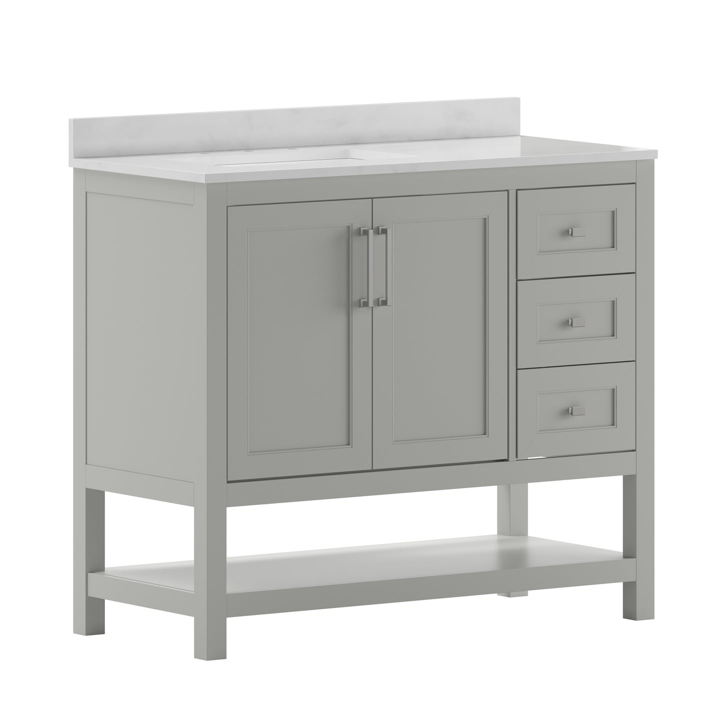 Vega 42 Inch Bathroom Vanity with Sink, Storage Cabinet with Soft Close Doors, Open Shelf and 3 Drawers, Carrara Marble Finish Countertop, Gray/White Gray