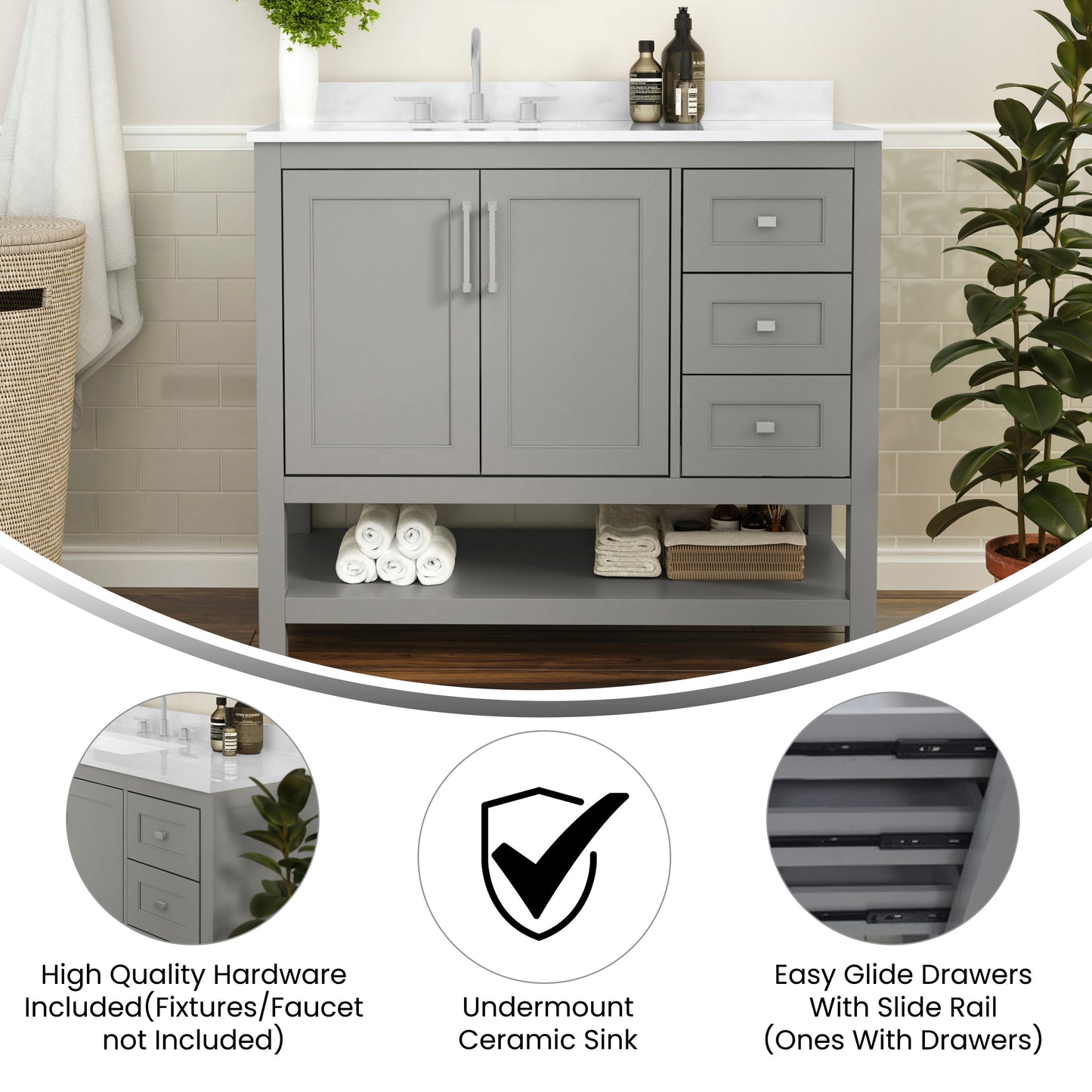 Vega 42 Inch Bathroom Vanity with Sink, Storage Cabinet with Soft Close Doors, Open Shelf and 3 Drawers, Carrara Marble Finish Countertop, Gray/White Gray