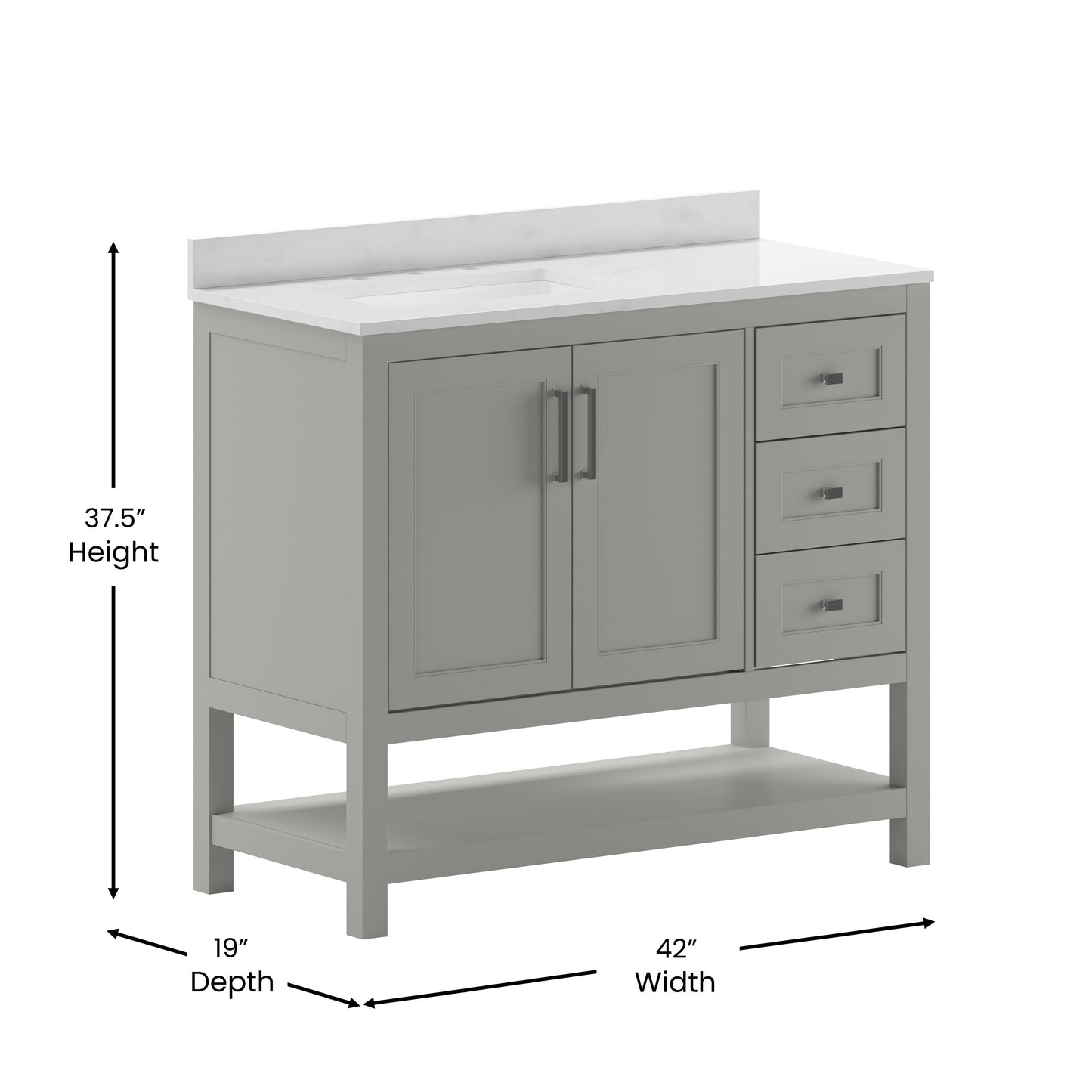 Vega 42 Inch Bathroom Vanity with Sink, Storage Cabinet with Soft Close Doors, Open Shelf and 3 Drawers, Carrara Marble Finish Countertop, Gray/White Gray