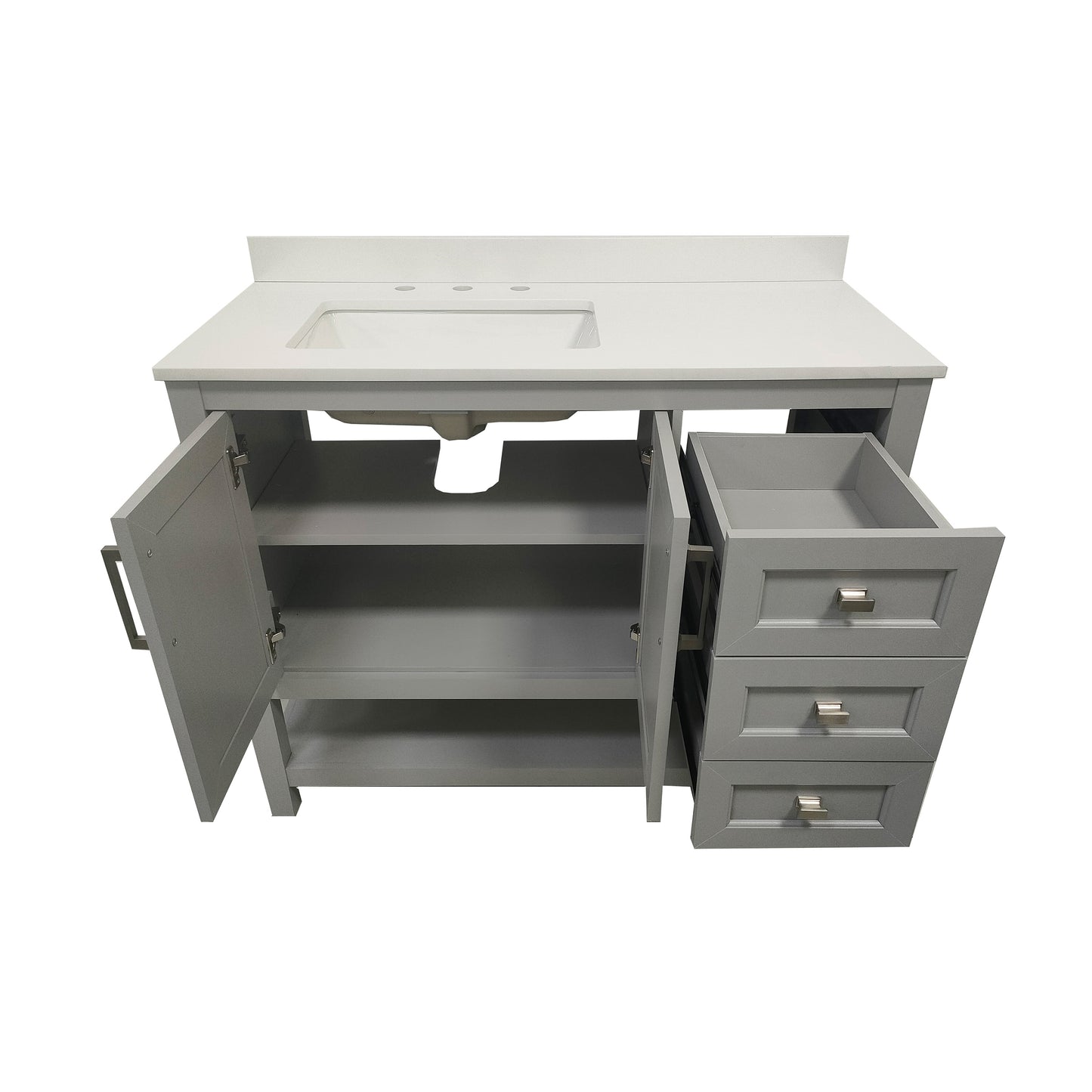 Vega 42 Inch Bathroom Vanity with Sink, Storage Cabinet with Soft Close Doors, Open Shelf and 3 Drawers, Carrara Marble Finish Countertop, Gray/White Gray