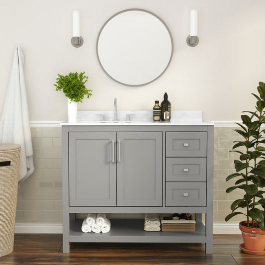 Vega 42 Inch Bathroom Vanity with Sink, Storage Cabinet with Soft Close Doors, Open Shelf and 3 Drawers, Carrara Marble Finish Countertop, Gray/White Gray FS-VEGA42-GY-GG