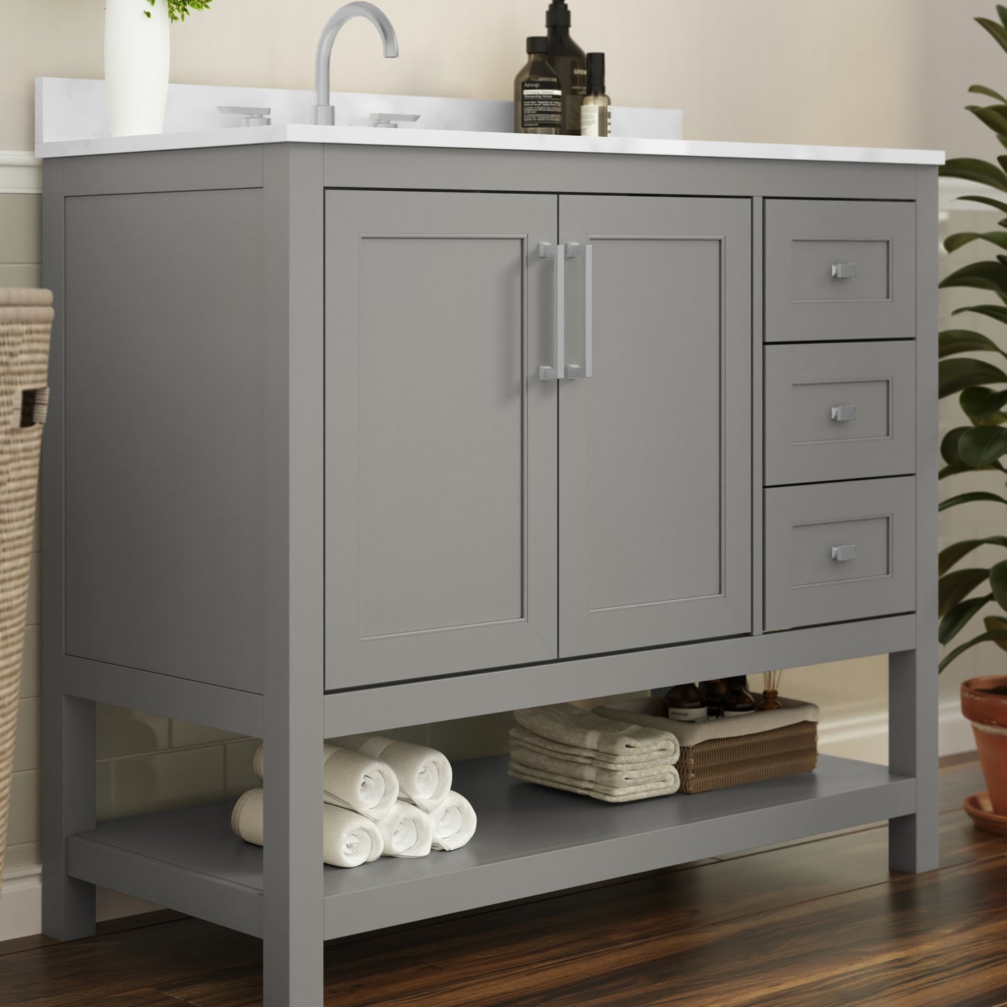 Vega 42 Inch Bathroom Vanity with Sink, Storage Cabinet with Soft Close Doors, Open Shelf and 3 Drawers, Carrara Marble Finish Countertop, Gray/White Gray