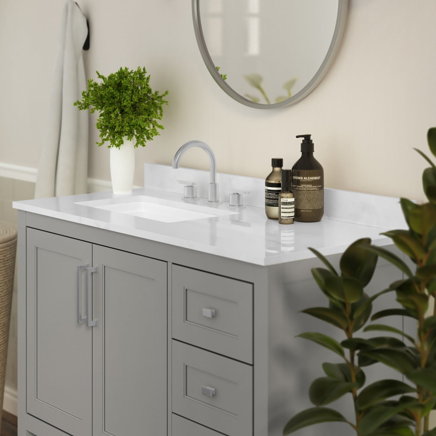 Vega 42 Inch Bathroom Vanity with Sink, Storage Cabinet with Soft Close Doors, Open Shelf and 3 Drawers, Carrara Marble Finish Countertop, Gray/White Gray