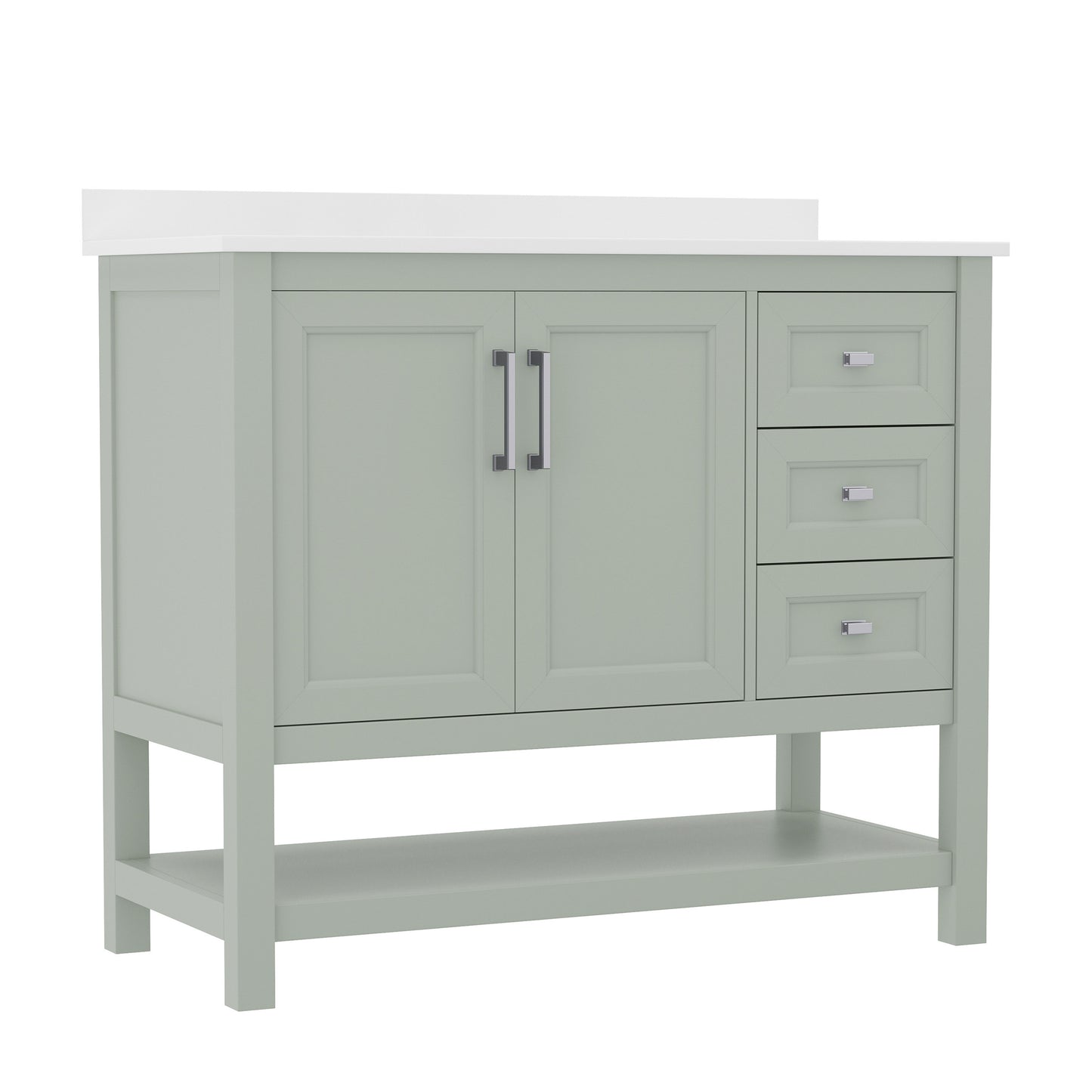 Vega 42 Inch Bathroom Vanity with Sink, Storage Cabinet with Soft Close Doors, Open Shelf and 3 Drawers, Carrara Marble Finish Countertop, Sage Sage Frame/Nickel Hardware