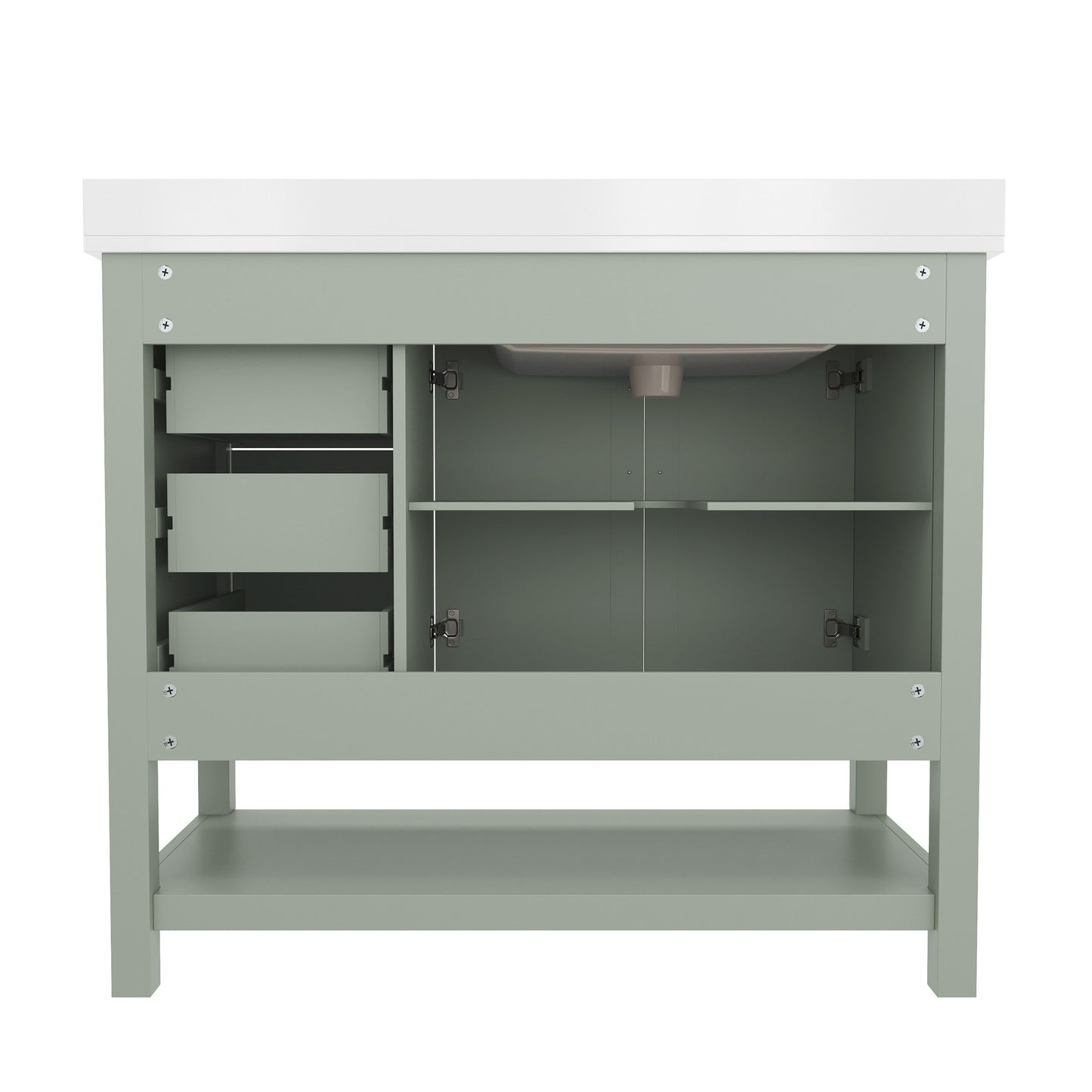 Vega 42 Inch Bathroom Vanity with Sink, Storage Cabinet with Soft Close Doors, Open Shelf and 3 Drawers, Carrara Marble Finish Countertop, Sage Sage Frame/Nickel Hardware