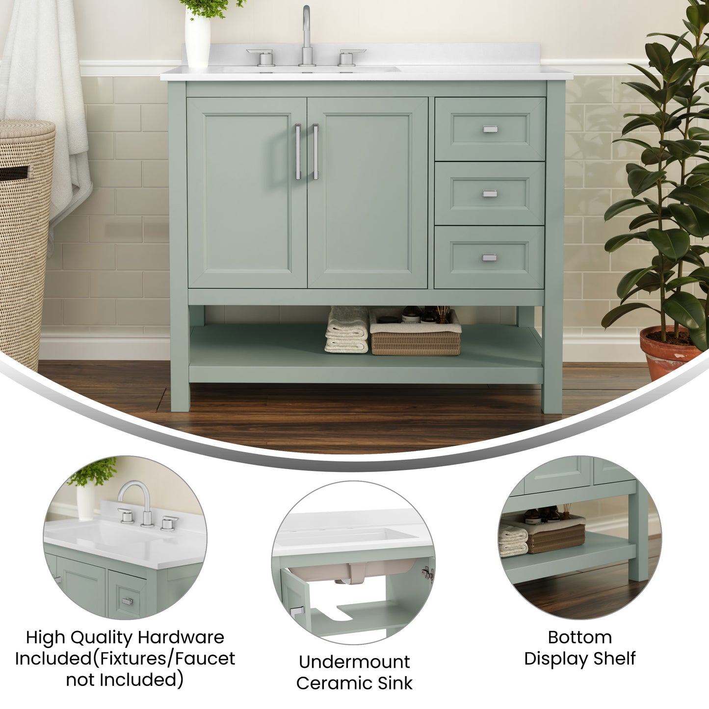 Vega 42 Inch Bathroom Vanity with Sink, Storage Cabinet with Soft Close Doors, Open Shelf and 3 Drawers, Carrara Marble Finish Countertop, Sage Sage Frame/Nickel Hardware
