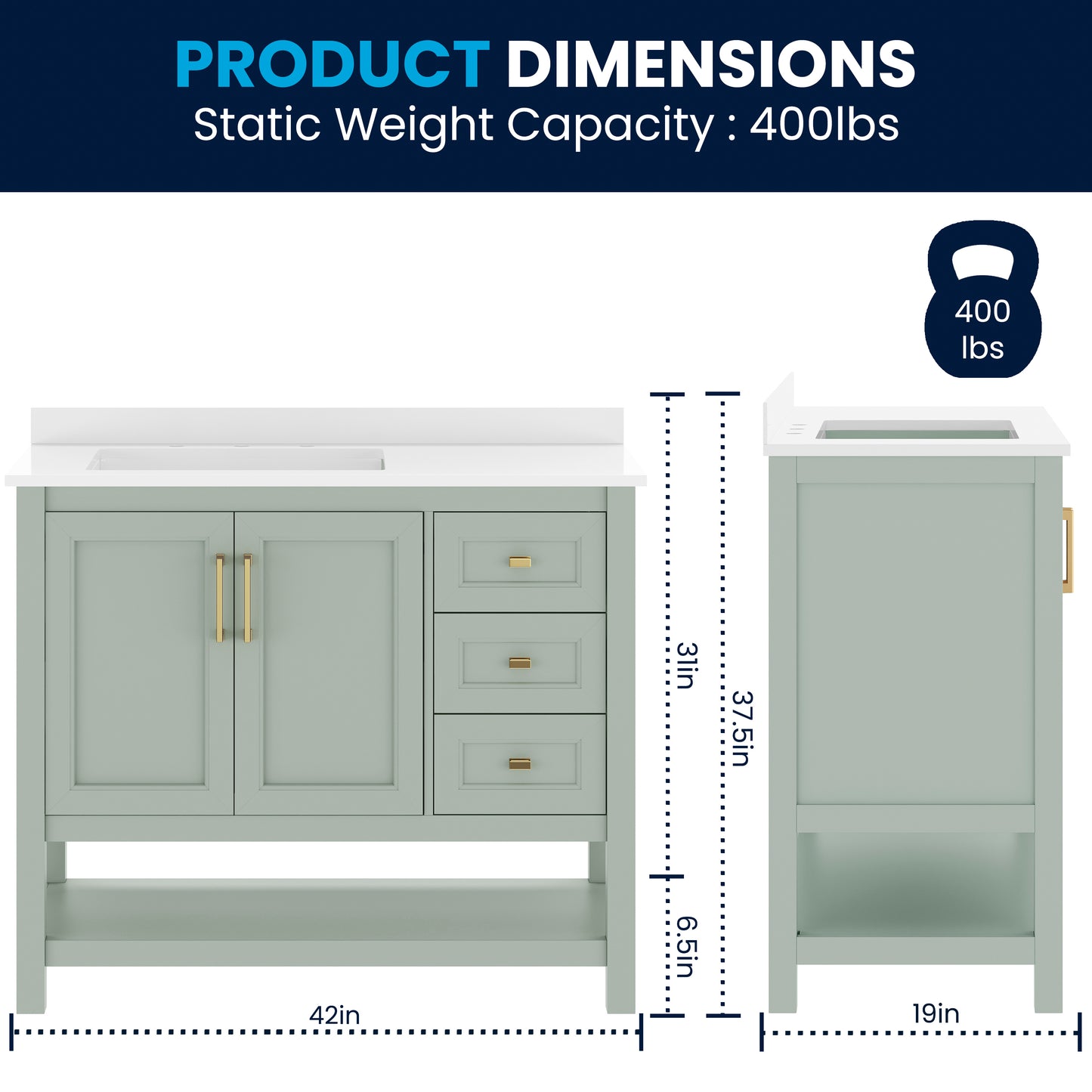 Vega 42 Inch Bathroom Vanity with Sink, Storage Cabinet with Soft Close Doors, Open Shelf and 3 Drawers, Carrara Marble Finish Countertop, Sage Sage Frame/Nickel Hardware