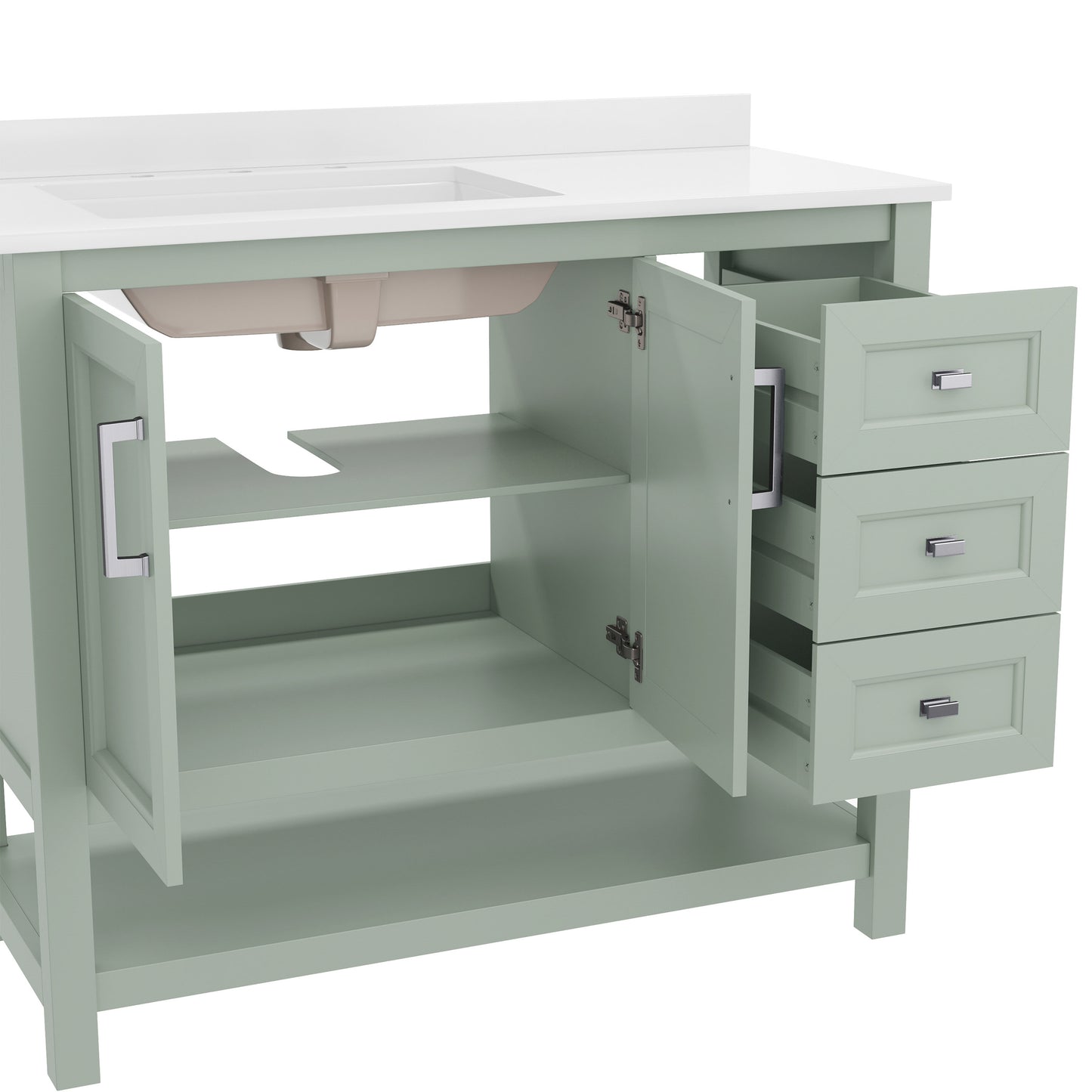 Vega 42 Inch Bathroom Vanity with Sink, Storage Cabinet with Soft Close Doors, Open Shelf and 3 Drawers, Carrara Marble Finish Countertop, Sage Sage Frame/Nickel Hardware