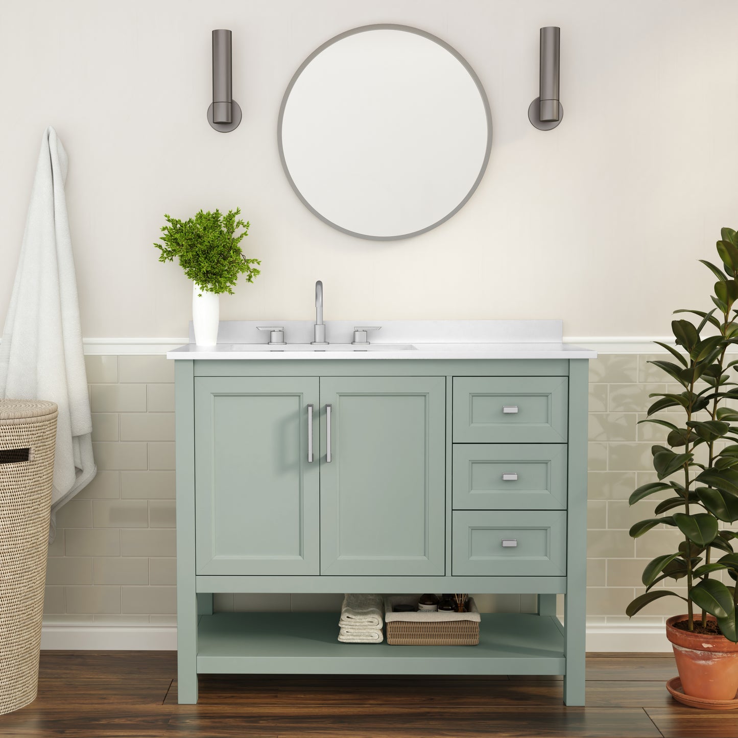 Vega 42 Inch Bathroom Vanity with Sink, Storage Cabinet with Soft Close Doors, Open Shelf and 3 Drawers, Carrara Marble Finish Countertop, Sage Sage Frame/Nickel Hardware
