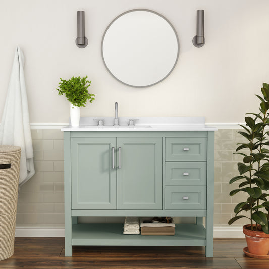 Vega 42 Inch Bathroom Vanity with Sink, Storage Cabinet with Soft Close Doors, Open Shelf and 3 Drawers, Carrara Marble Finish Countertop, Sage Sage Frame/Nickel Hardware FS-VEGA42-SG-GG