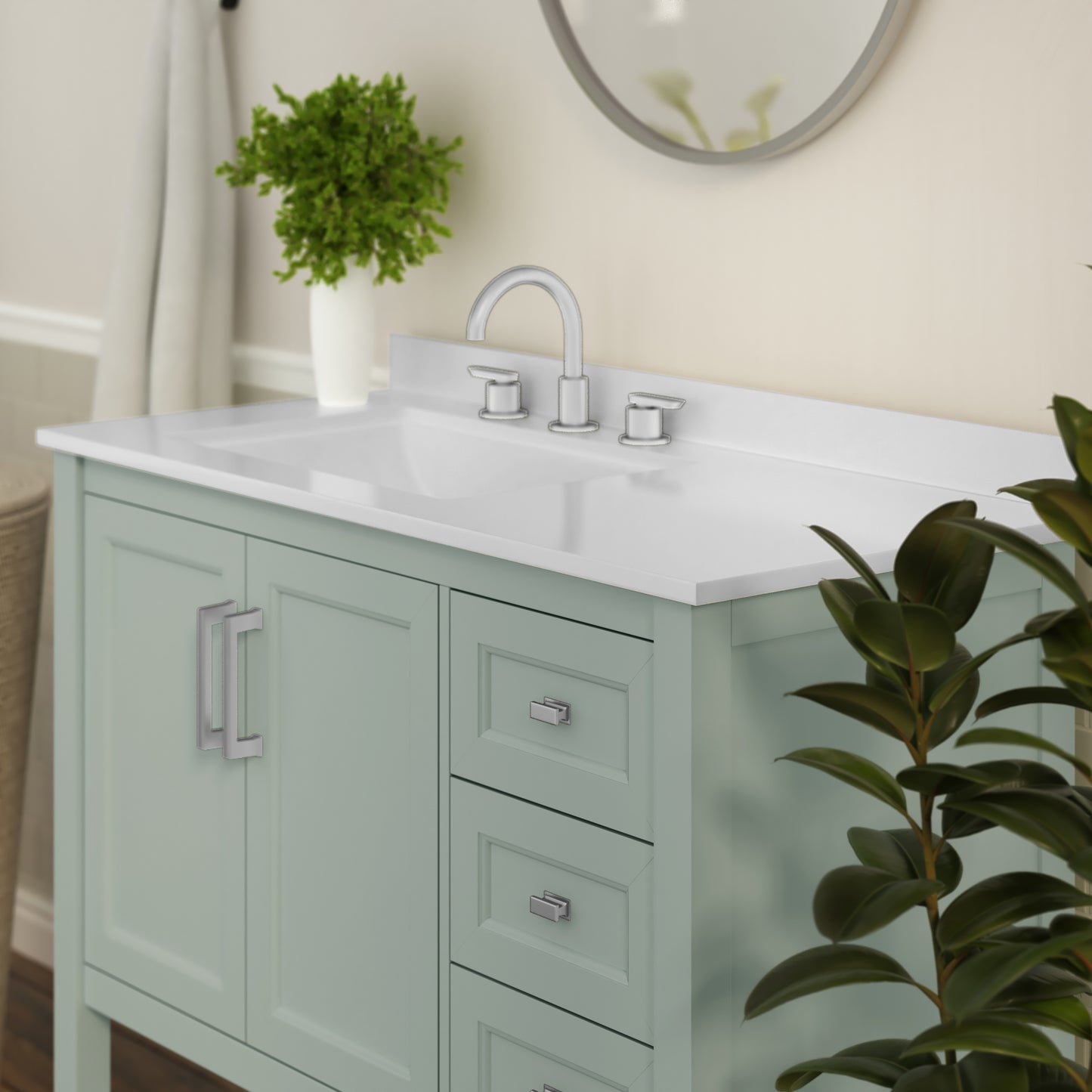 Vega 42 Inch Bathroom Vanity with Sink, Storage Cabinet with Soft Close Doors, Open Shelf and 3 Drawers, Carrara Marble Finish Countertop, Sage Sage Frame/Nickel Hardware