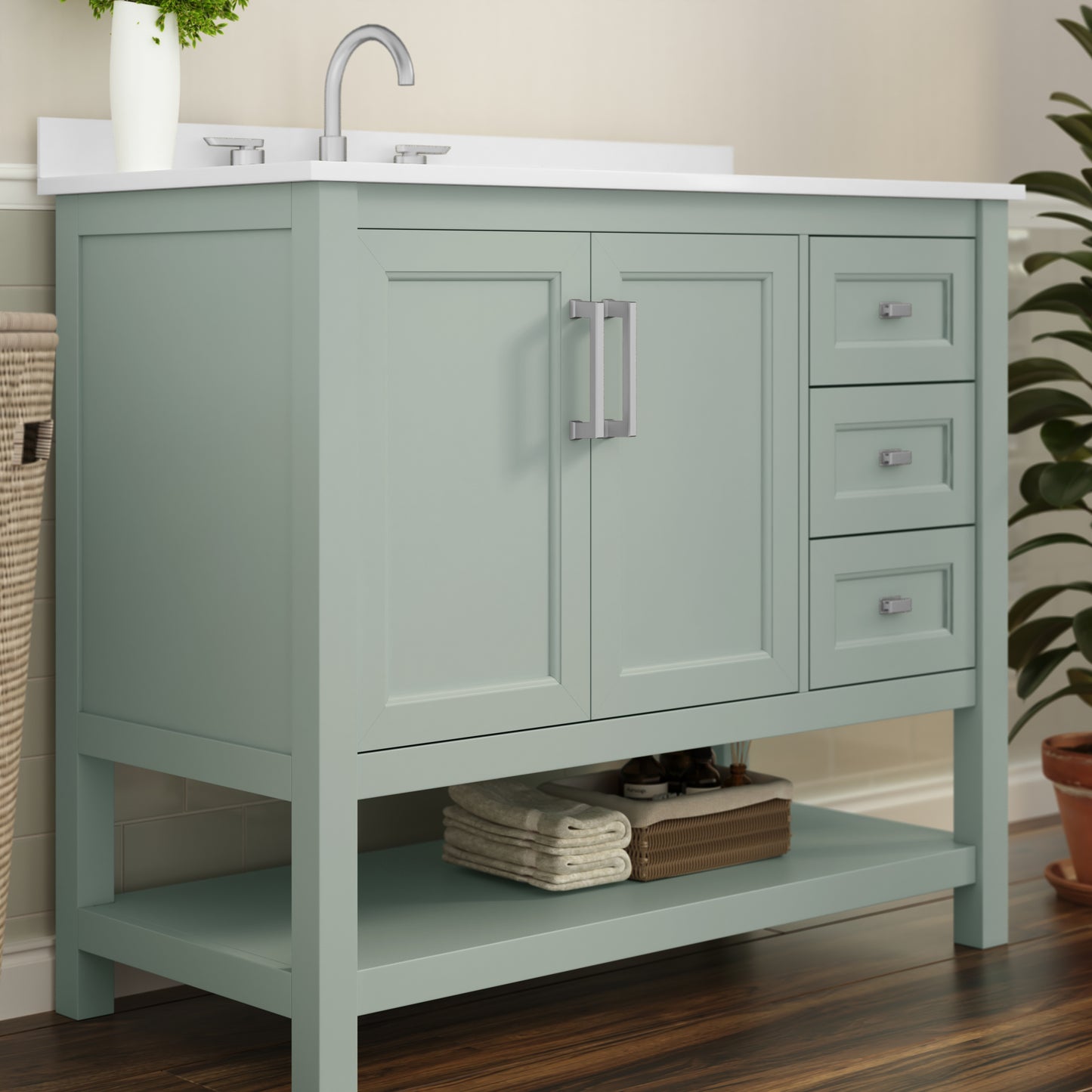 Vega 42 Inch Bathroom Vanity with Sink, Storage Cabinet with Soft Close Doors, Open Shelf and 3 Drawers, Carrara Marble Finish Countertop, Sage Sage Frame/Nickel Hardware