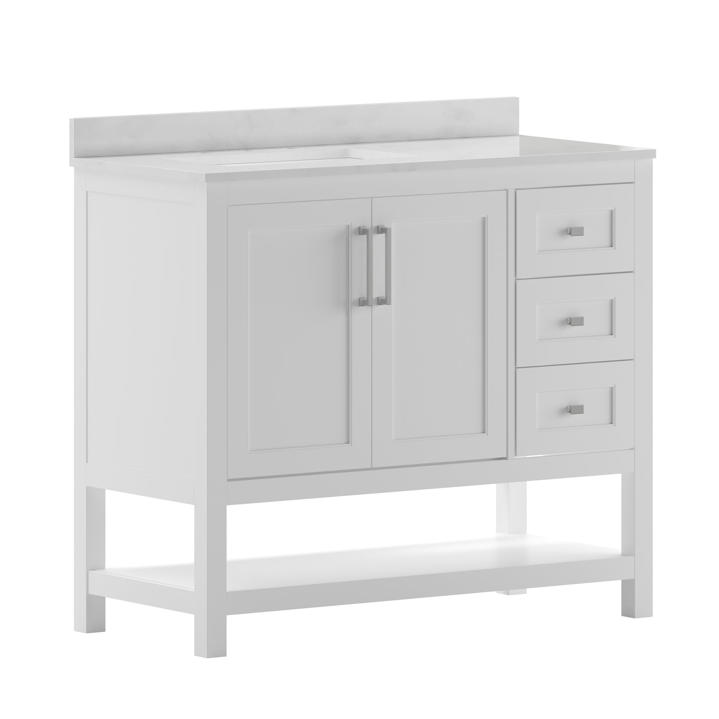 Vega 42 Inch Bathroom Vanity with Sink, Storage Cabinet with Soft Close Doors, Open Shelf and 3 Drawers, Carrara Marble Finish Countertop, White/White White
