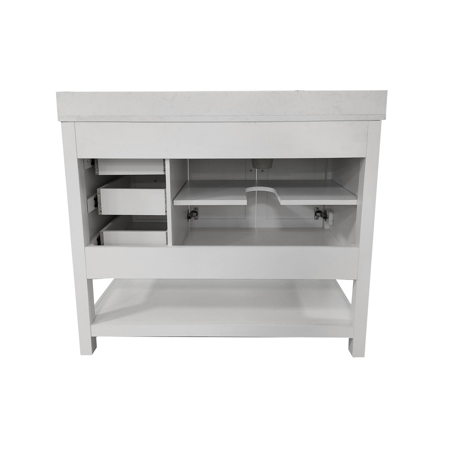 Vega 42 Inch Bathroom Vanity with Sink, Storage Cabinet with Soft Close Doors, Open Shelf and 3 Drawers, Carrara Marble Finish Countertop, White/White White