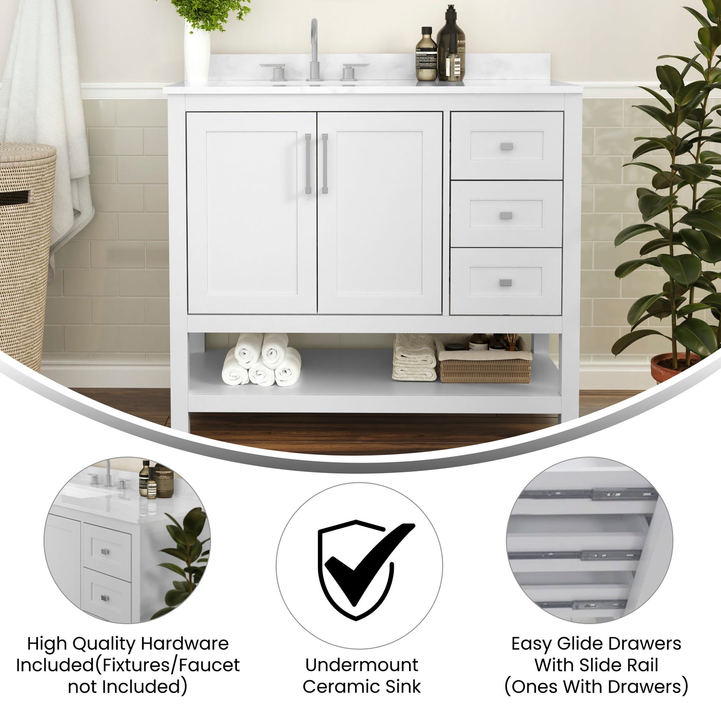 Vega 42 Inch Bathroom Vanity with Sink, Storage Cabinet with Soft Close Doors, Open Shelf and 3 Drawers, Carrara Marble Finish Countertop, White/White White