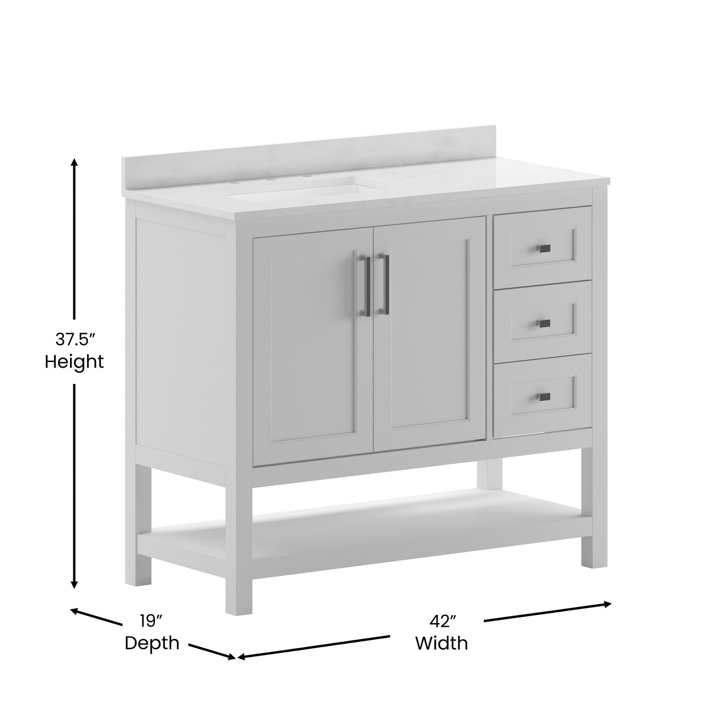 Vega 42 Inch Bathroom Vanity with Sink, Storage Cabinet with Soft Close Doors, Open Shelf and 3 Drawers, Carrara Marble Finish Countertop, White/White White
