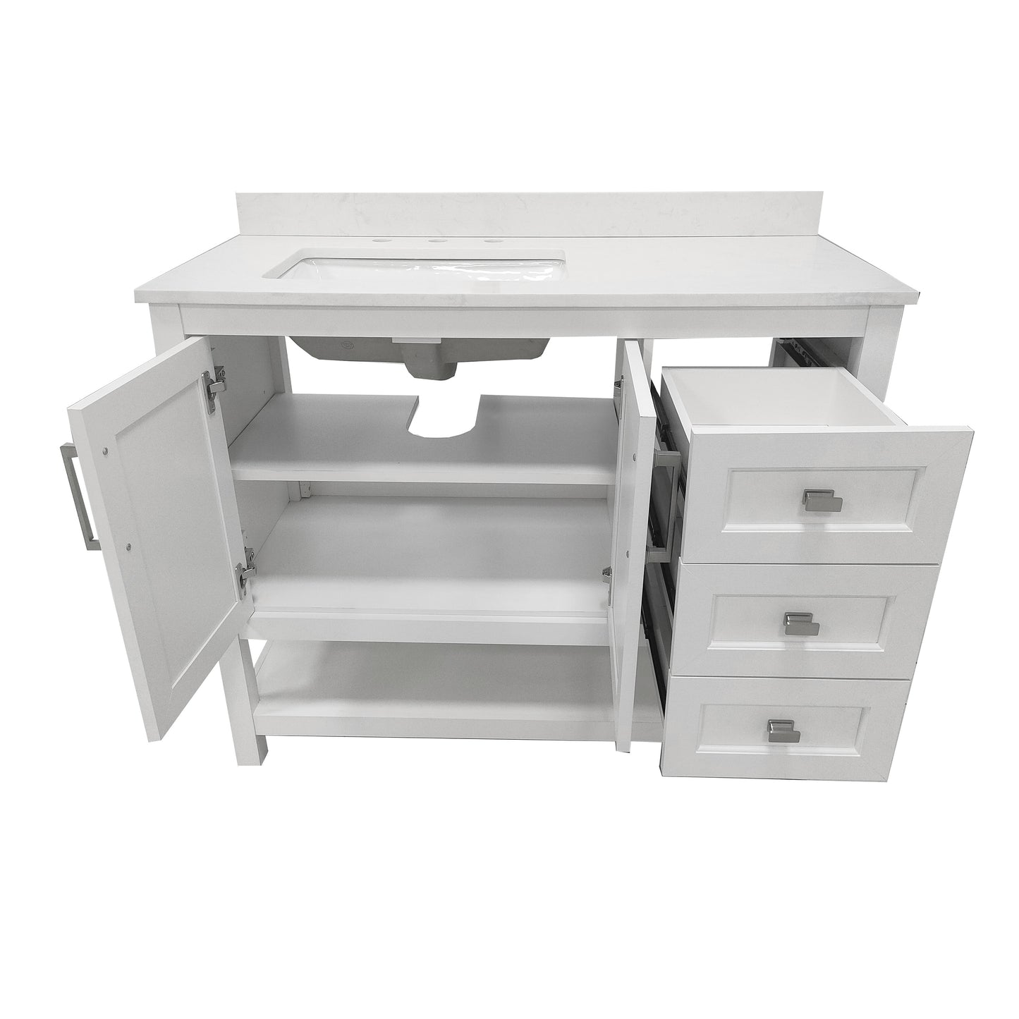 Vega 42 Inch Bathroom Vanity with Sink, Storage Cabinet with Soft Close Doors, Open Shelf and 3 Drawers, Carrara Marble Finish Countertop, White/White White