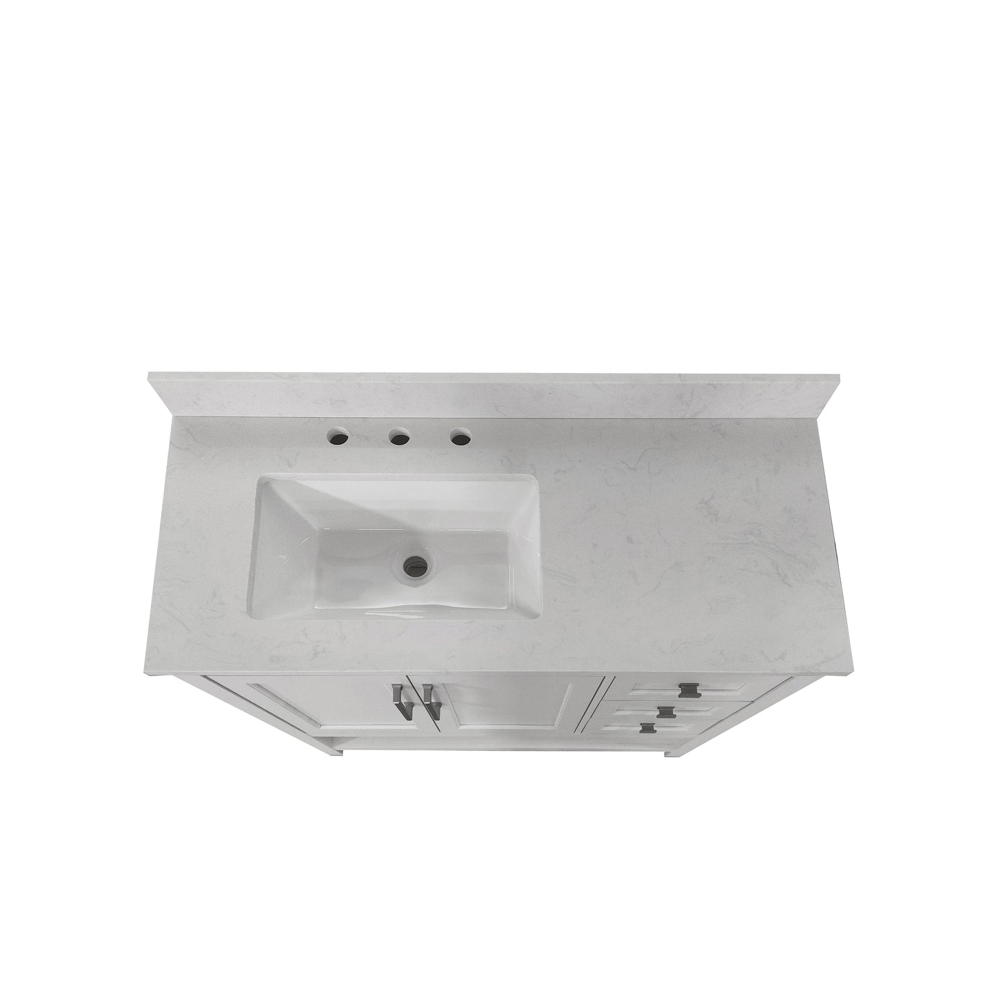 Vega 42 Inch Bathroom Vanity with Sink, Storage Cabinet with Soft Close Doors, Open Shelf and 3 Drawers, Carrara Marble Finish Countertop, White/White White