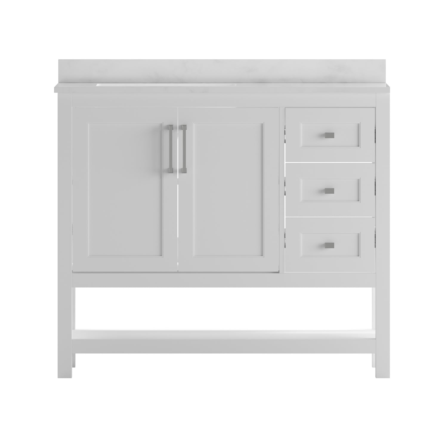 Vega 42 Inch Bathroom Vanity with Sink, Storage Cabinet with Soft Close Doors, Open Shelf and 3 Drawers, Carrara Marble Finish Countertop, White/White White