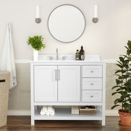 Vega 42 Inch Bathroom Vanity with Sink, Storage Cabinet with Soft Close Doors, Open Shelf and 3 Drawers, Carrara Marble Finish Countertop, White/White White FS-VEGA42-WH-GG