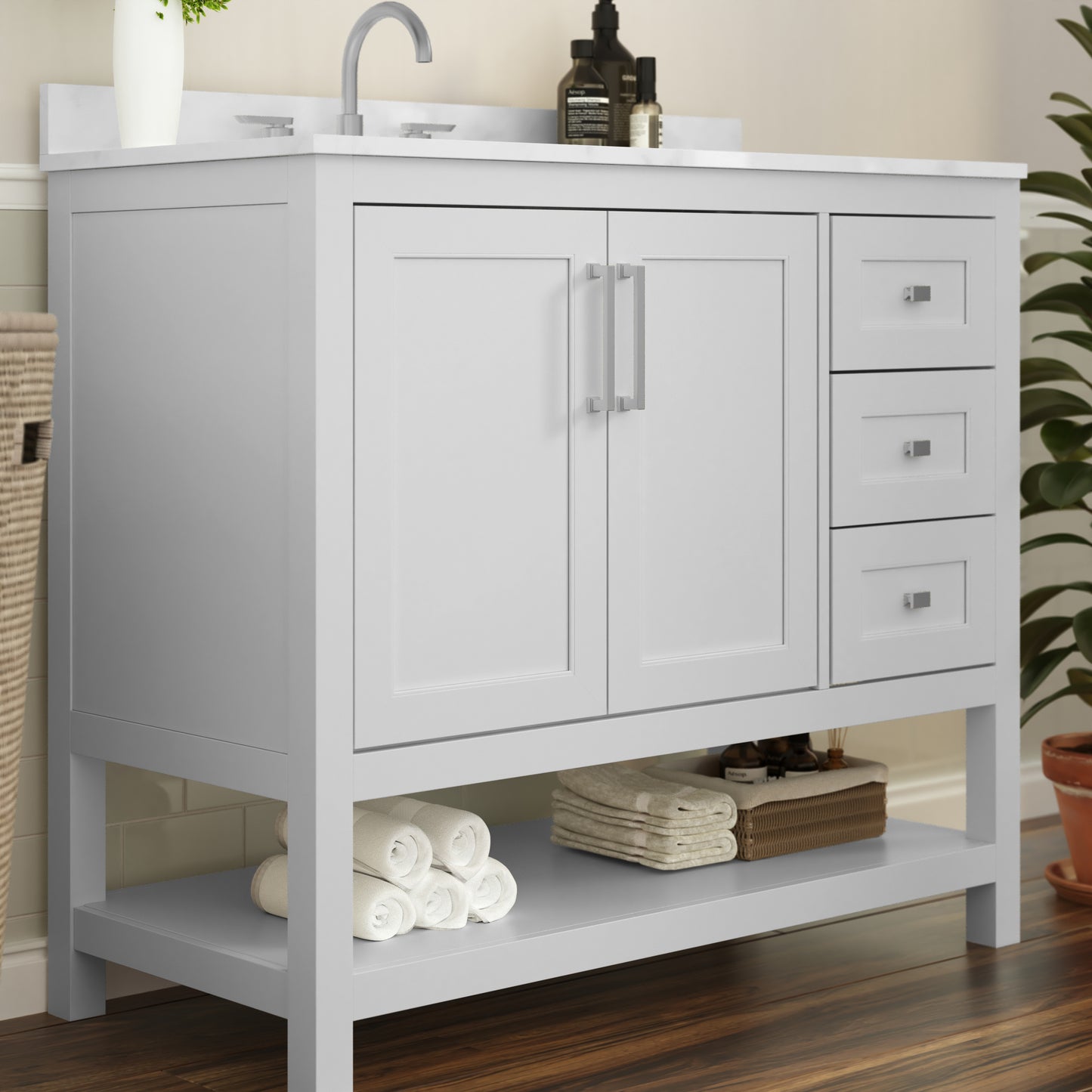 Vega 42 Inch Bathroom Vanity with Sink, Storage Cabinet with Soft Close Doors, Open Shelf and 3 Drawers, Carrara Marble Finish Countertop, White/White White