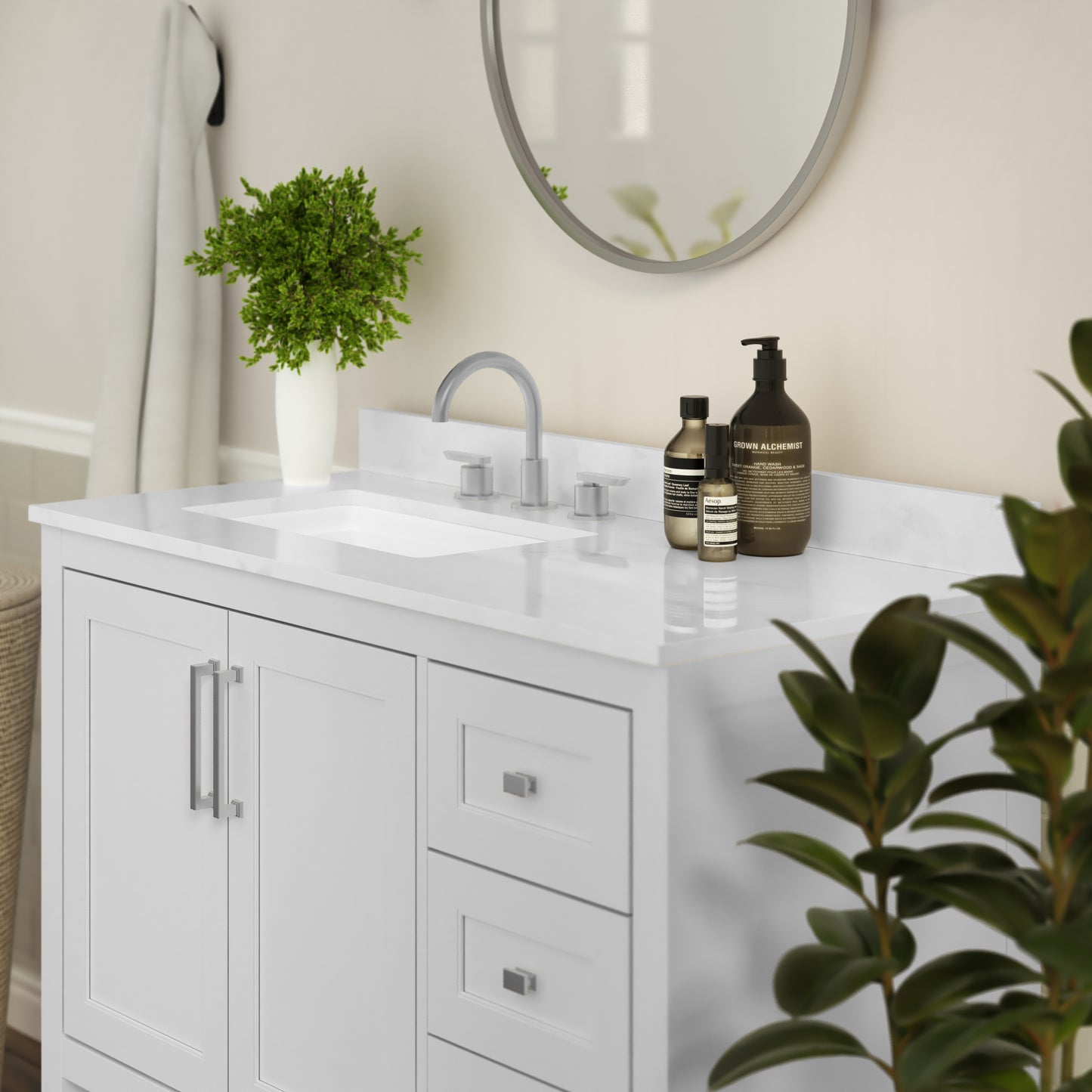 Vega 42 Inch Bathroom Vanity with Sink, Storage Cabinet with Soft Close Doors, Open Shelf and 3 Drawers, Carrara Marble Finish Countertop, White/White White