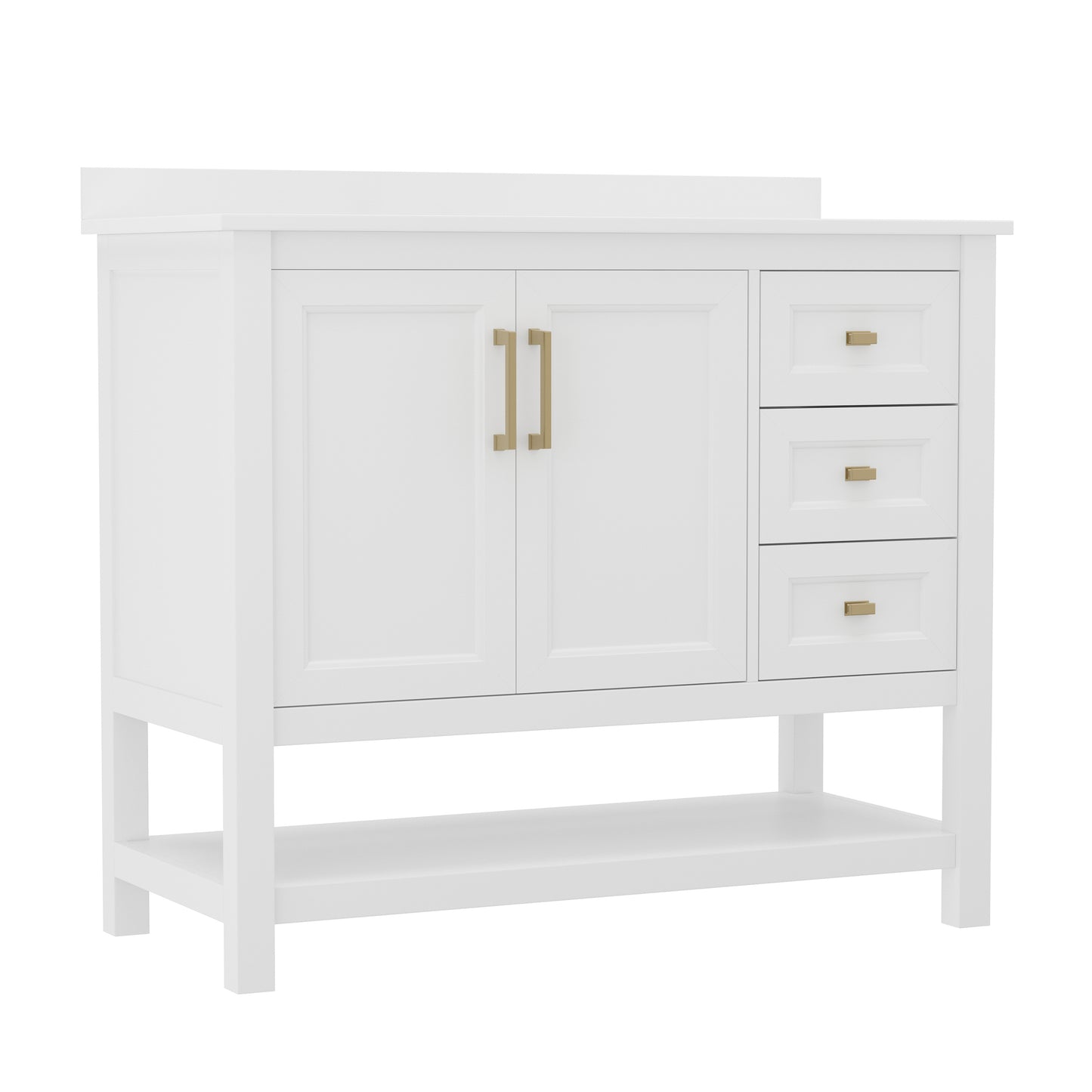 Vega 42 Inch Bathroom Vanity with Sink, Storage Cabinet with Soft Close Doors, Open Shelf and 3 Drawers, Carrara Marble Finish Countertop, White/Gold White Frame/Gold Hardware