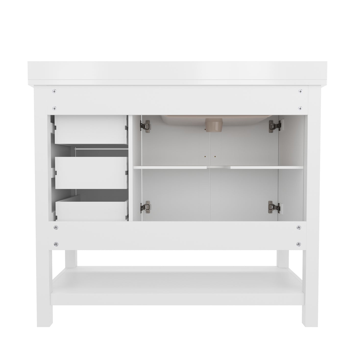Vega 42 Inch Bathroom Vanity with Sink, Storage Cabinet with Soft Close Doors, Open Shelf and 3 Drawers, Carrara Marble Finish Countertop, White/Gold White Frame/Gold Hardware