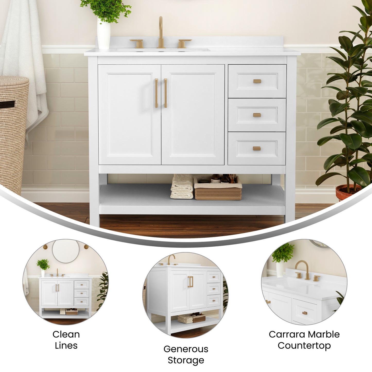 Vega 42 Inch Bathroom Vanity with Sink, Storage Cabinet with Soft Close Doors, Open Shelf and 3 Drawers, Carrara Marble Finish Countertop, White/Gold White Frame/Gold Hardware