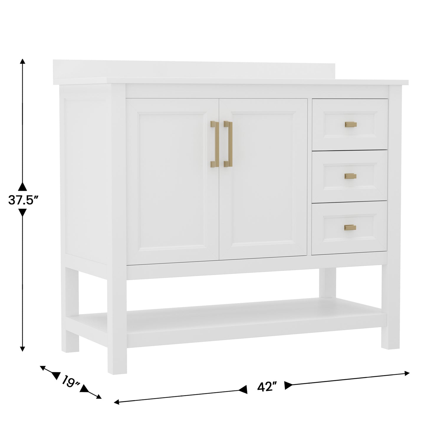 Vega 42 Inch Bathroom Vanity with Sink, Storage Cabinet with Soft Close Doors, Open Shelf and 3 Drawers, Carrara Marble Finish Countertop, White/Gold White Frame/Gold Hardware