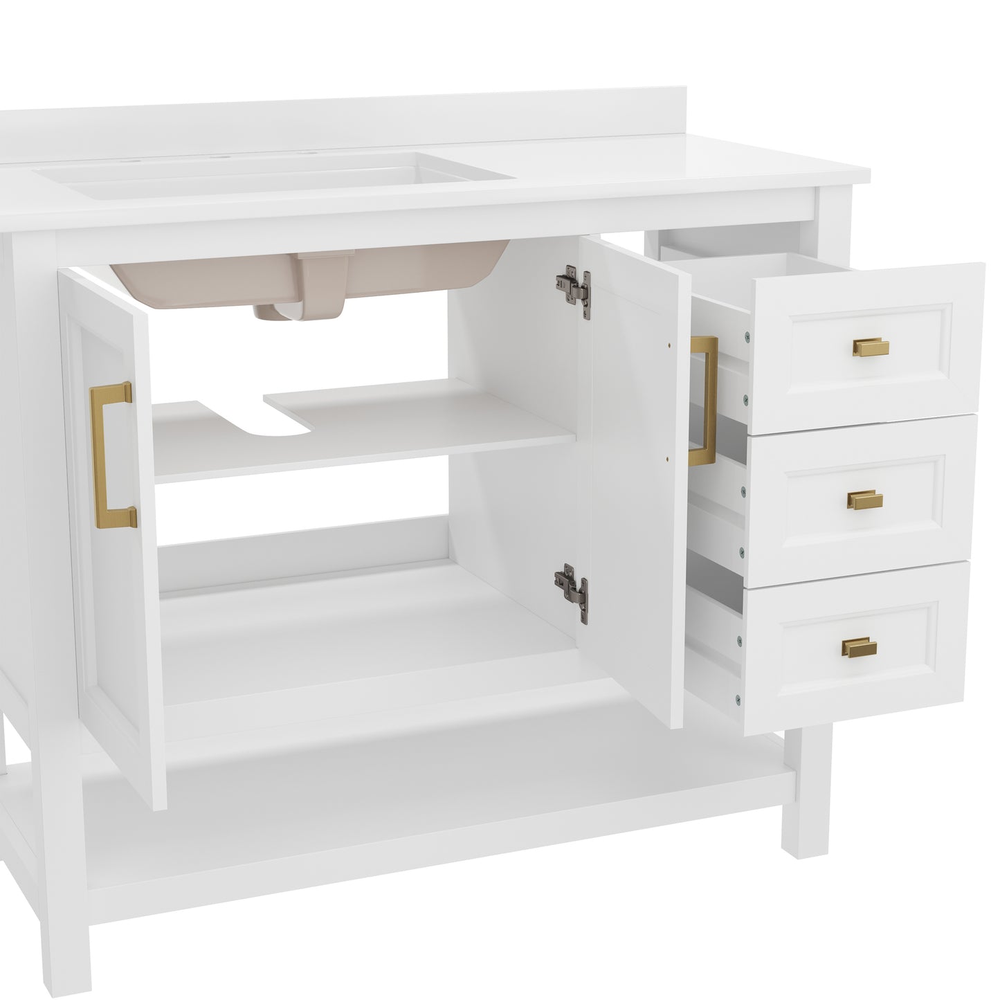 Vega 42 Inch Bathroom Vanity with Sink, Storage Cabinet with Soft Close Doors, Open Shelf and 3 Drawers, Carrara Marble Finish Countertop, White/Gold White Frame/Gold Hardware