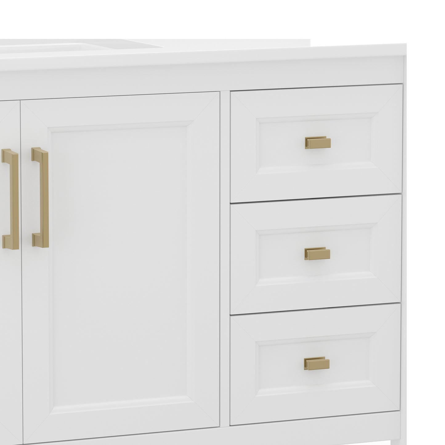 Vega 42 Inch Bathroom Vanity with Sink, Storage Cabinet with Soft Close Doors, Open Shelf and 3 Drawers, Carrara Marble Finish Countertop, White/Gold White Frame/Gold Hardware